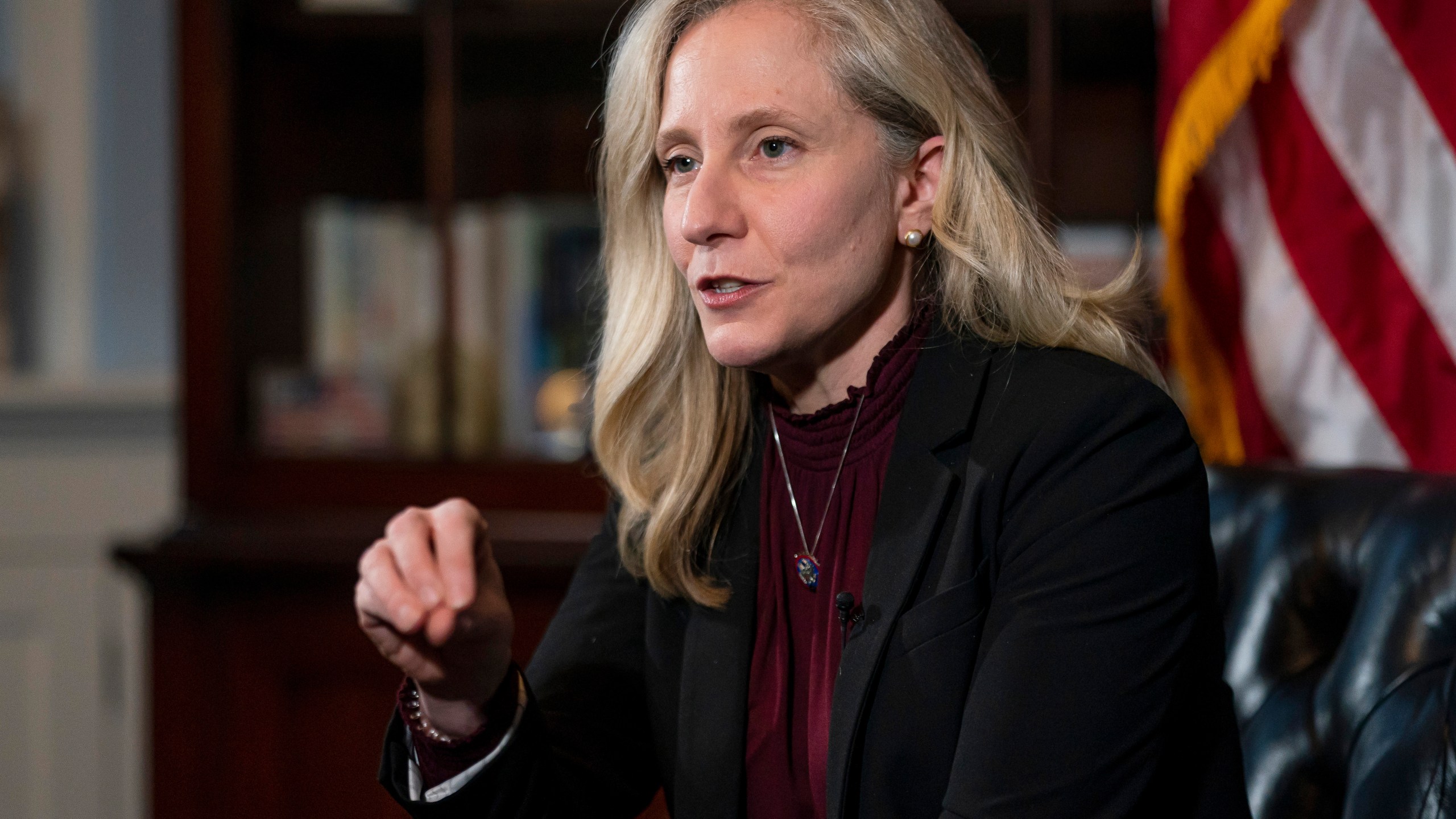 FILE - Rep. Abigail Spanberger, D-Va., speaks during an interview at her congressional offices in Washington, Feb. 8, 2023. Spanberger has announced she will run in 2024 for Virginia governor. (AP Photo/Nathan Howard, File)