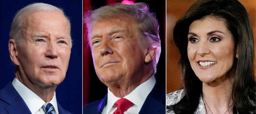In this combination of photos, President Joe Biden speaks on Aug. 10, 2023, in Salt Lake City, from left, former President Donald Trump speaks on July 8, 2023, in Las Vegas, and Republican presidential candidate former UN Ambassador Nikki Haley speaks on Feb. 18, 2024, in Columbia, S.C. Biden and Trump are on the brink of winning their party's presidential nominations on Super Tuesday, March 5, 2024, and set up a historic rematch that many voters would rather not endure. Haley winning any of Super Tuesday's contests would take an upset. And a Trump sweep would only intensify pressure on her to leave the race. (AP Photo)