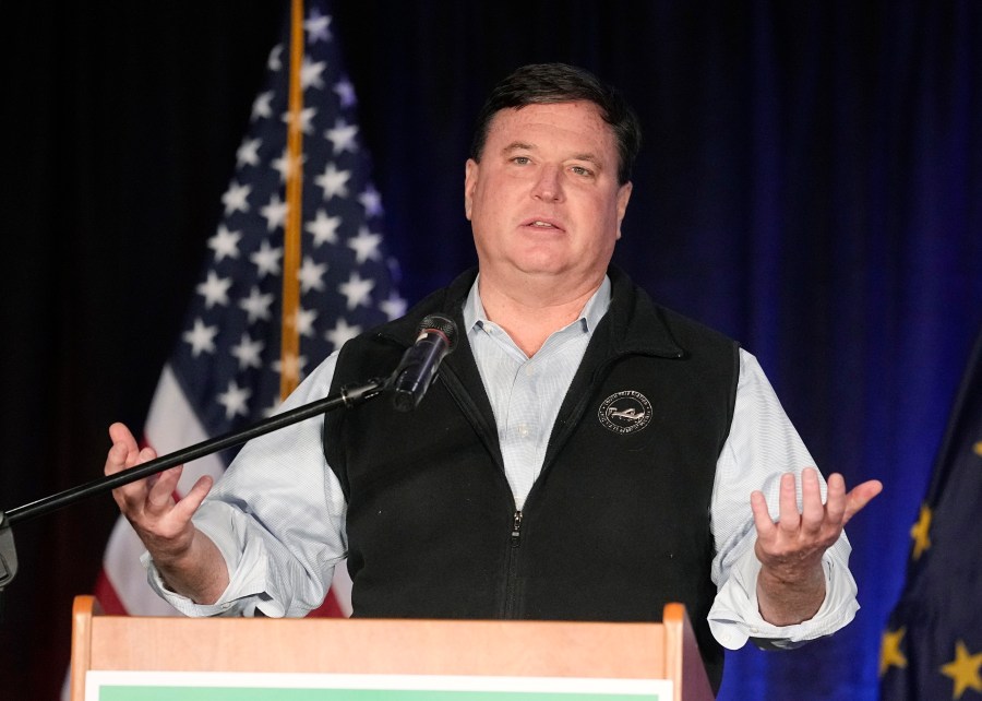 FILE - Indiana Attorney General Todd Rokita speaks, Nov. 8, 2022, in Schererville, Ind. After a near-total ban on abortions went into effect in August 2023, some Indiana Republicans want access to reports detailing each abortion still performed in the state. On Thursday, April 11, 2024, Rokita — who is seeking reelection by party convention in June 2024 — issued an advisory opinion arguing the reports should be public record. (AP Photo/Darron Cummings, File)