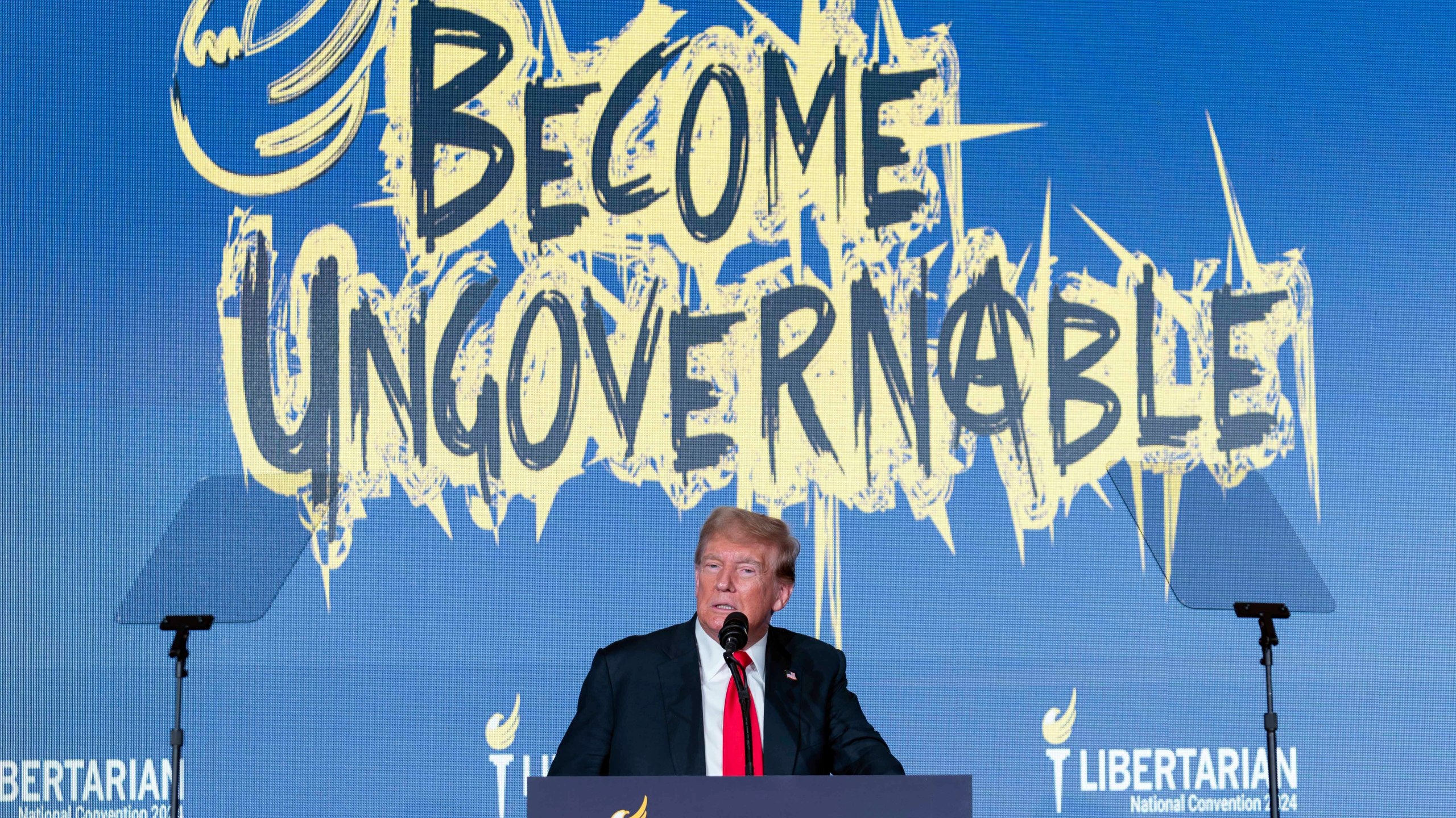 FILE - Republican presidential candidate former President Donald Trump speaks at the Libertarian National Convention at the Washington Hilton in Washington, May 25, 2024. Former President Donald Trump has endorsed the Republican opponent of a Virginia congressman who chairs a group of House conservatives called the House Freedom Caucus. The endorsement of John McGuire, a state senator, provides a jolt of momentum for the challenger and could be difficult for the incumbent, Rep. Bob Good. (AP Photo/Jose Luis Magana, File)