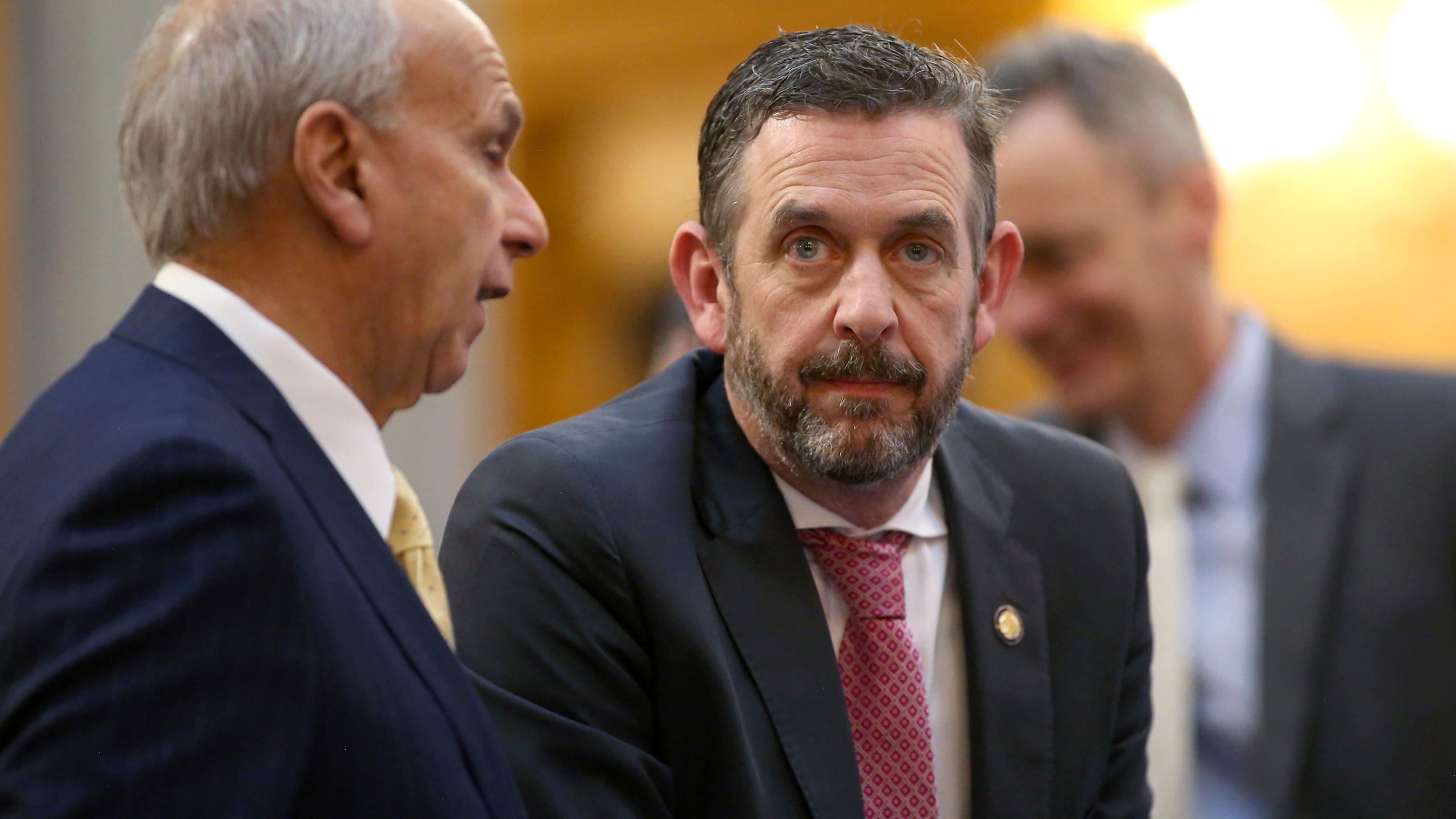 FILE - Michael Rulli, Ohio Senate Republican from the 33rd District, speaks with colleagues at the Ohio State House Senate Chambers in Columbus, Ohio, Feb. 28, 2024. A political newcomer’s closer-than-expected finish in a special congressional election, Tuesday, June 11 in Ohio surprised Republicans and jolted Democrats in a former bellwether state. Democrat Michael Kripchak lost the race for the 6th Congressional District to Republican state Sen. Michael Rulli, but it was much closer than Republicans had seen in past performances. Former President Donald Trump won the district by 30 percentage points in 2020. (AP Photo/Joe Maiorana, File)
