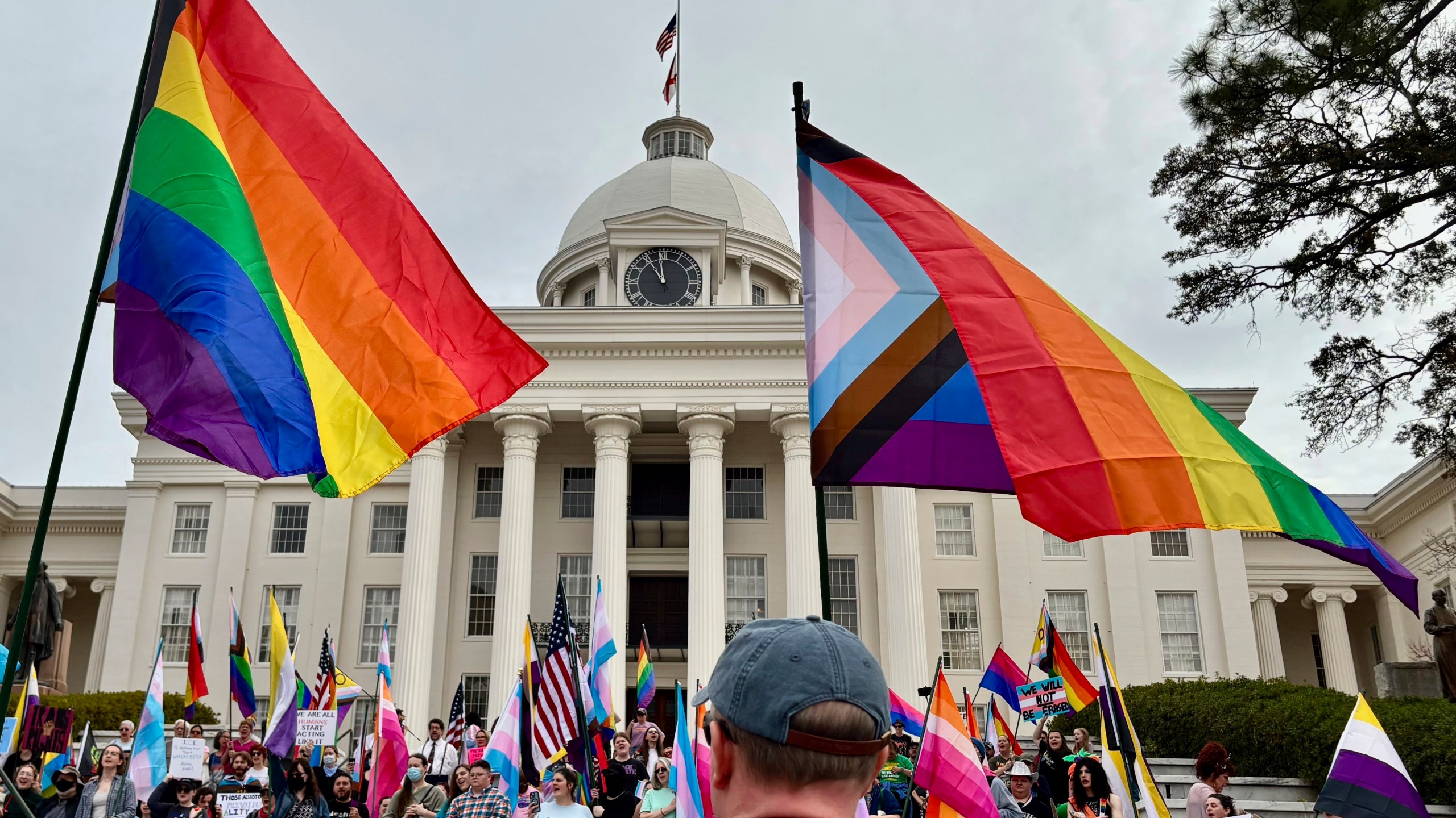 Demonstrators march to the Alabama Capitol in Montgomery, Ala., on Feb. 5, 2025 to protest bills that would impact transgender people. (AP Photo/Kim Chandler)
