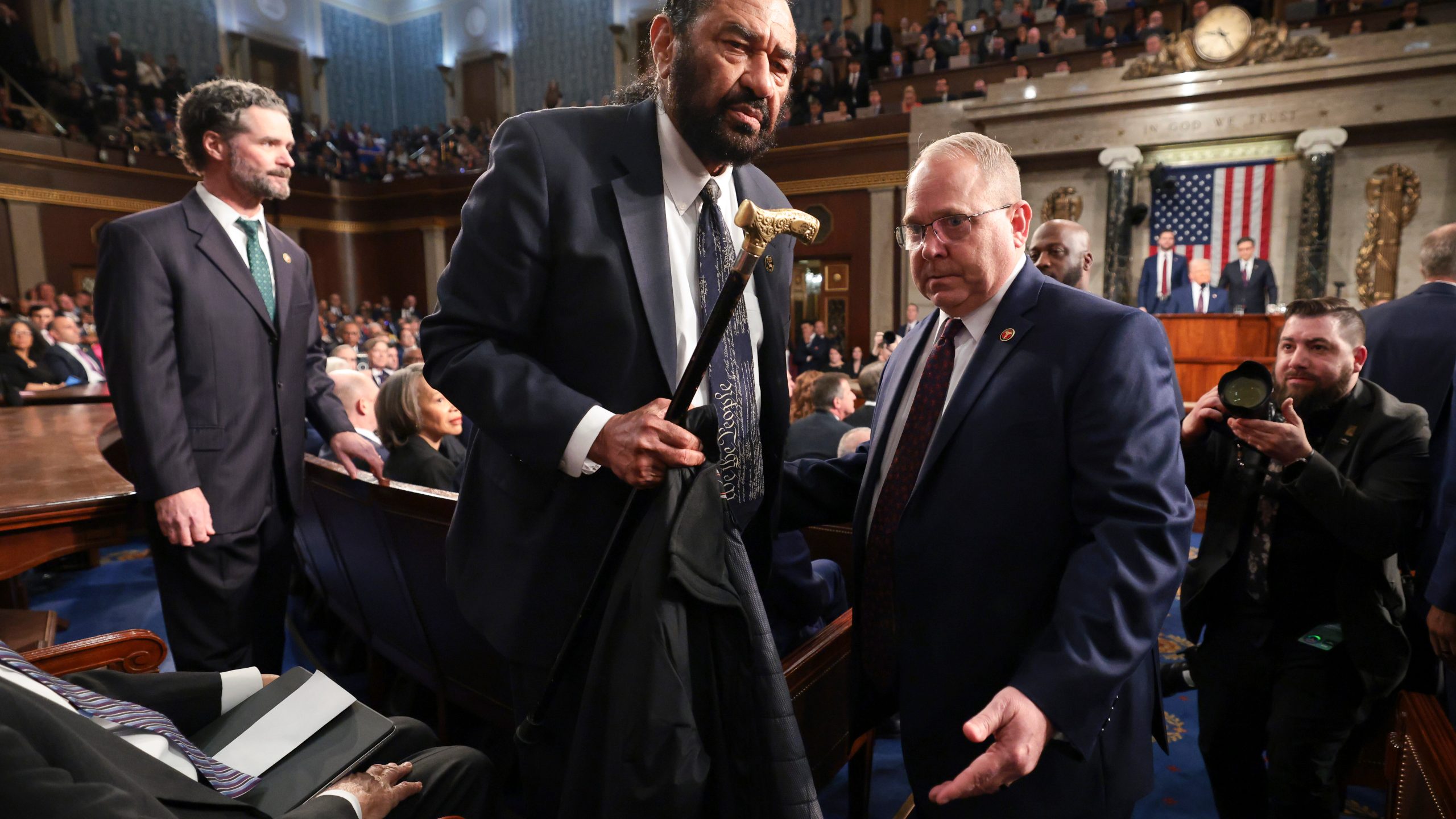 Rep. Al Green, D-Texas, is removed from the chamber as President Donald Trump addresses a joint session of Congress at the Capitol in Washington, Tuesday, March 4, 2025. (Win McNamee/Pool Photo via AP)