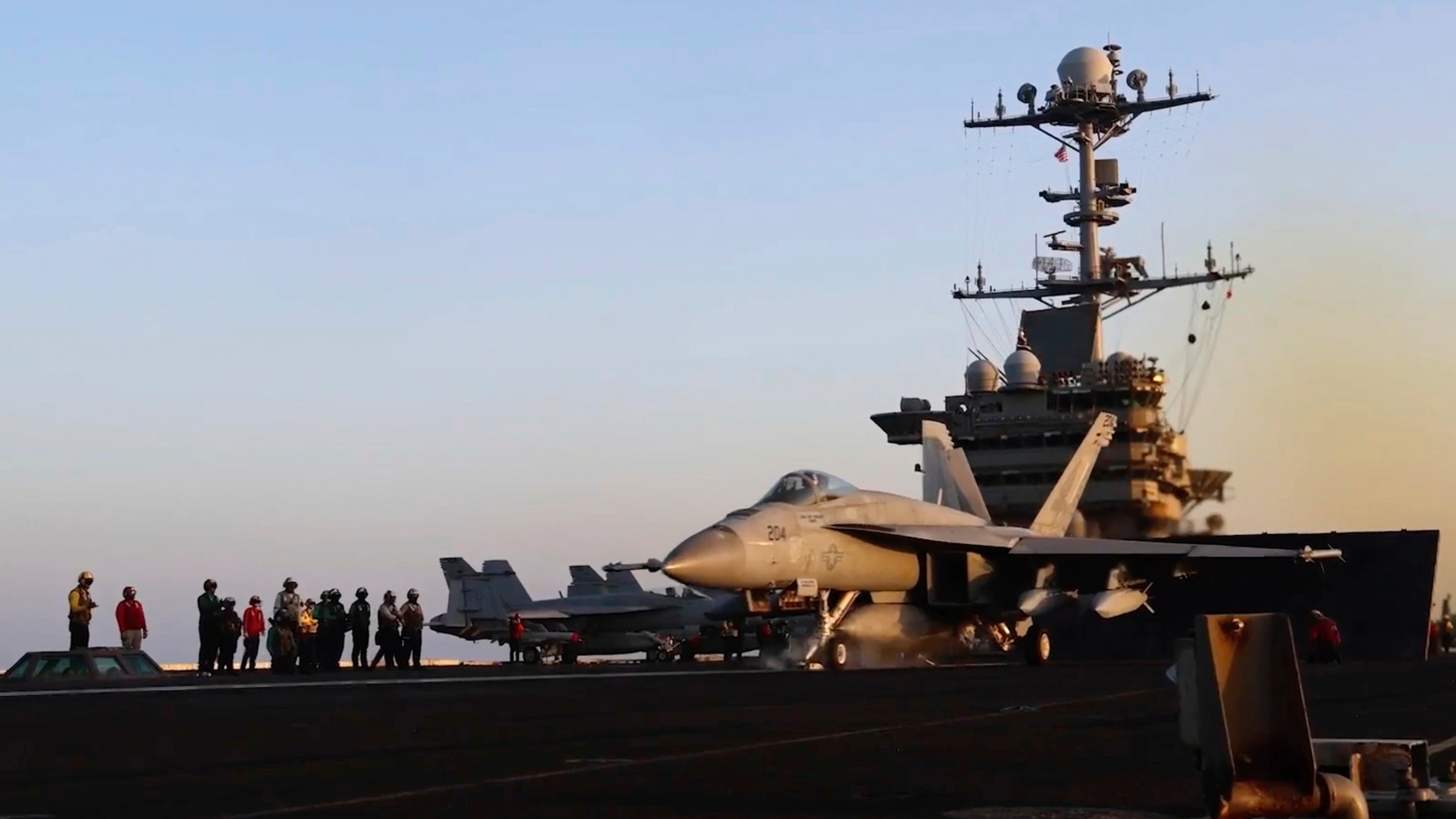 This image taken from video provided by the U.S. Navy shows an aircraft launching from the USS Harry S. Truman in the Red Sea before airstrikes in Sanaa, Yemen, Saturday, March 15, 2025. (U.S. Navy via AP)
