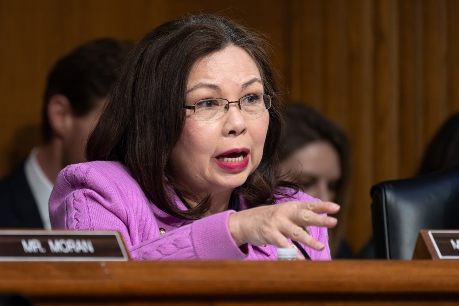 Sen. Tammy Duckworth, D-Ill., the ranking member of the Senate Transportation Subcommittee, speaks to Chris Rocheleau, acting administrator of the Federal Aviation Administration, during a hearing to examine the preliminary report by the National Transportation Safety Board on the Jan. 29, 2025, midair collision of an Army Black Hawk helicopter and an American Airlines regional jet, on Capitol Hill in Washington, Thursday, March 27, 2025. (AP Photo/J. Scott Applewhite)