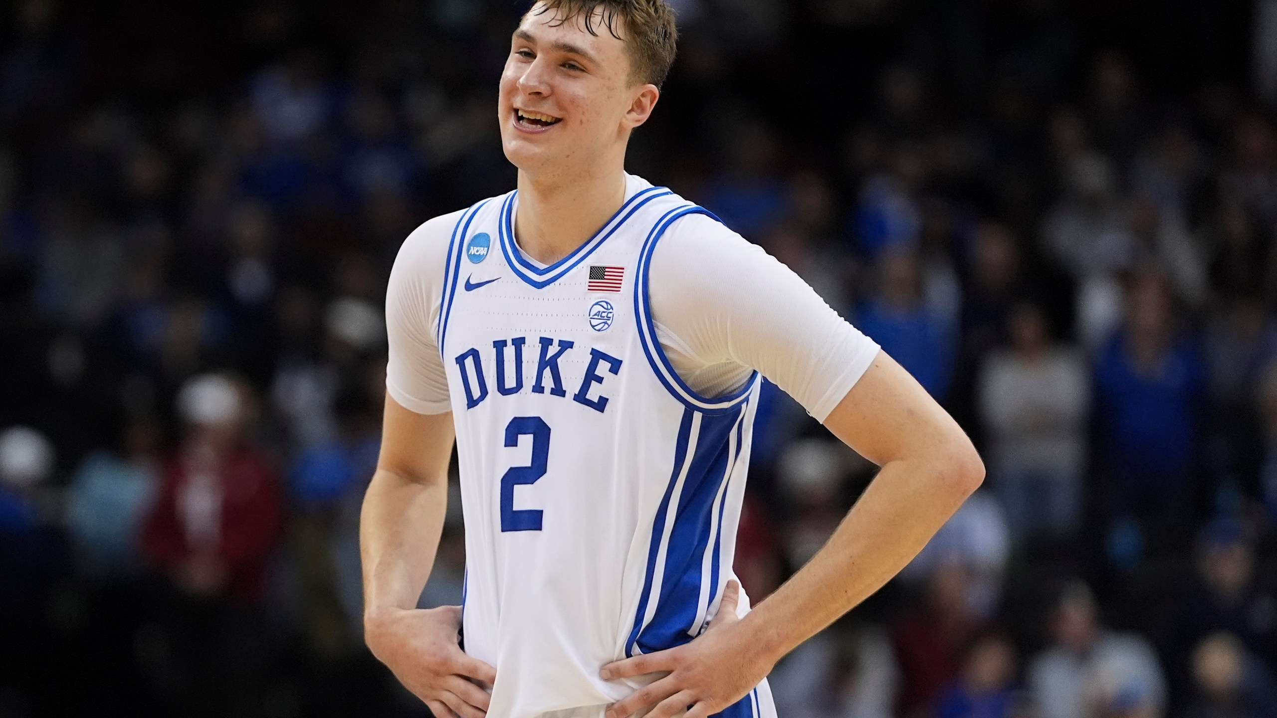 FILE - Duke forward Cooper Flagg (2) reacts after Duke beat Alabama in an Elite Eight round NCAA college basketball tournament game, Saturday, March 29, 2025, in Newark, N.J. (AP Photo/Frank Franklin II, File)
