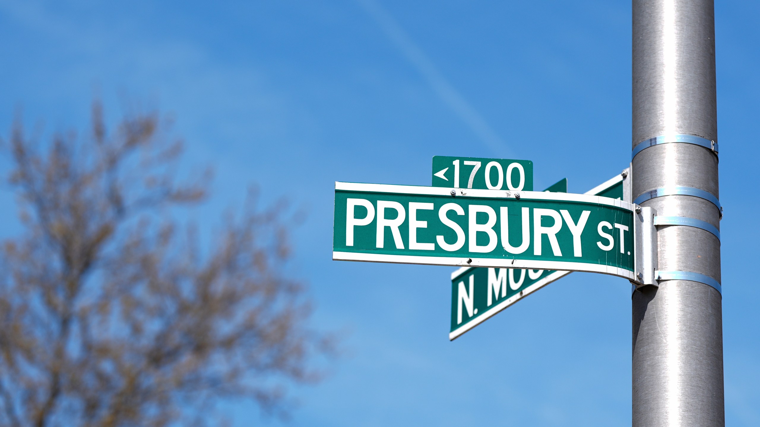 A street sign identifying the 1700 block of Presbury Street is seen, Monday, April 14, 2025, in the Sandtown-Winchester neighborhood in Baltimore, where Freddie Gray was arrested before his subsequent death in 2015. (AP Photo/Stephanie Scarbrough)