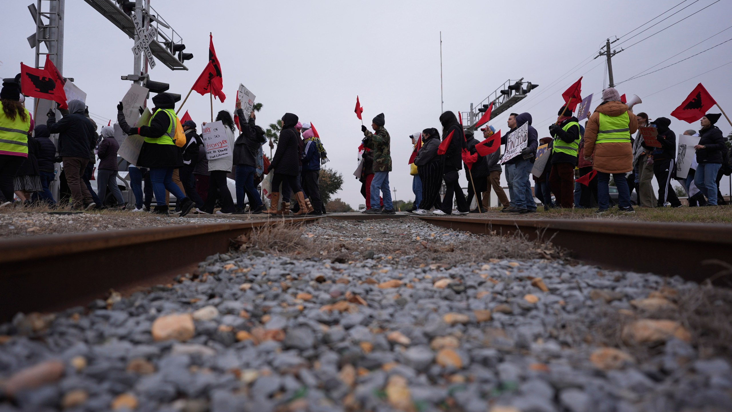 FILE - La Union del Pueblo Entero (LUPE), meaning The Union of the Entire People, march to protest the inauguration of incoming President-elect Donald Trump, Jan. 20, 2025, in McAllen, Texas. (AP Photo/Eric Gay, File)