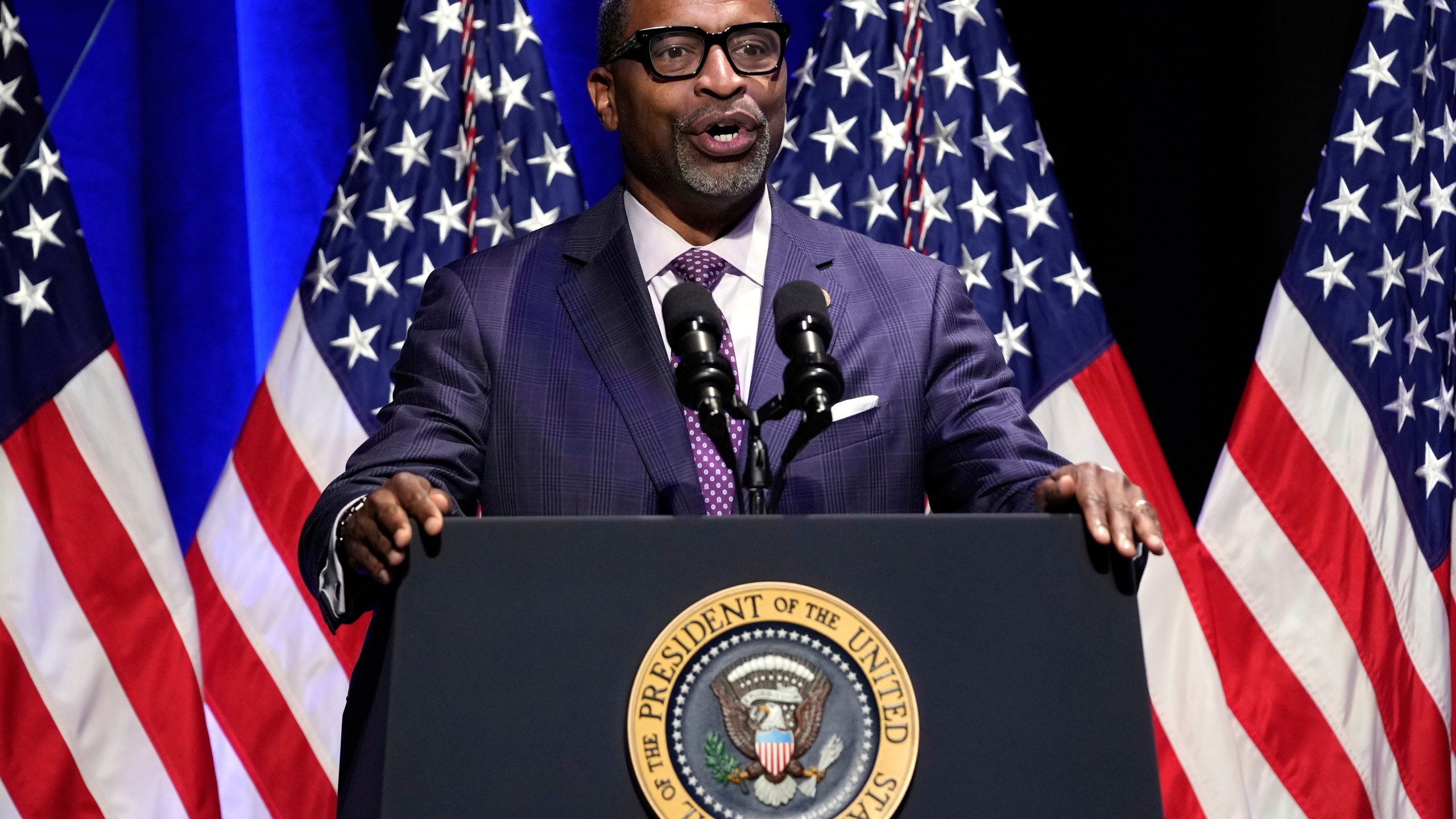FILE - Derrick Johnson, president and CEO of the NAACP, speaks before President Joe Biden arrives at the National Museum of African American History and Culture in Washington, Friday, May 17, 2024. (AP Photo/Susan Walsh, File)