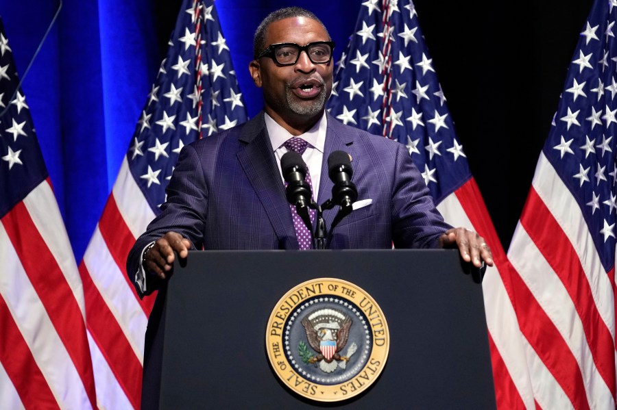 FILE - Derrick Johnson, president and CEO of the NAACP, speaks before President Joe Biden arrives at the National Museum of African American History and Culture in Washington, Friday, May 17, 2024. (AP Photo/Susan Walsh, File)
