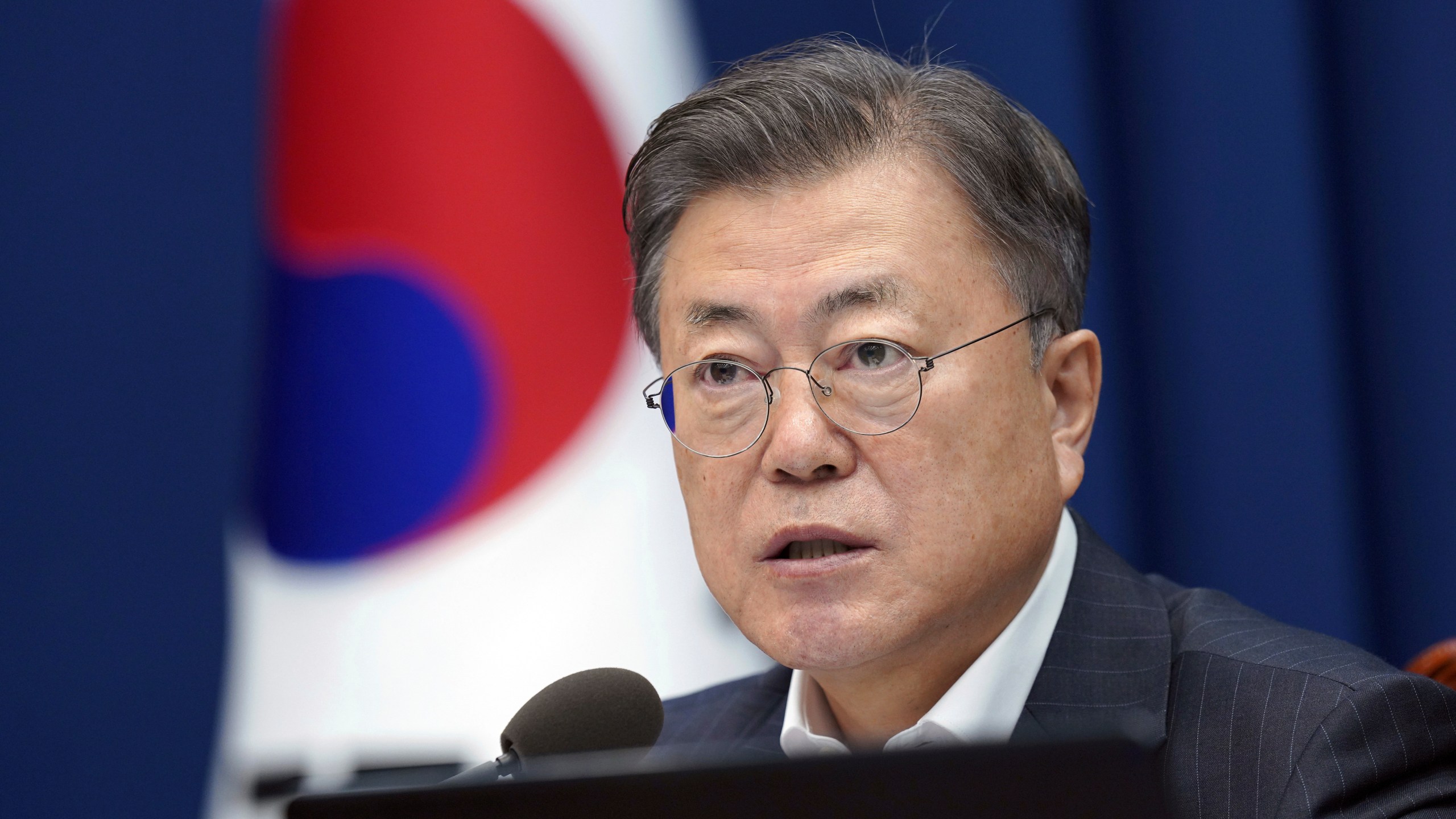 FILE - Then-South Korean President Moon Jae-in speaks during a meeting of the National Security Council at the presidential Blue House in Seoul, South Korea, on Feb. 22, 2022. (Ahn Jung-hwan/Yonhap via AP, File)