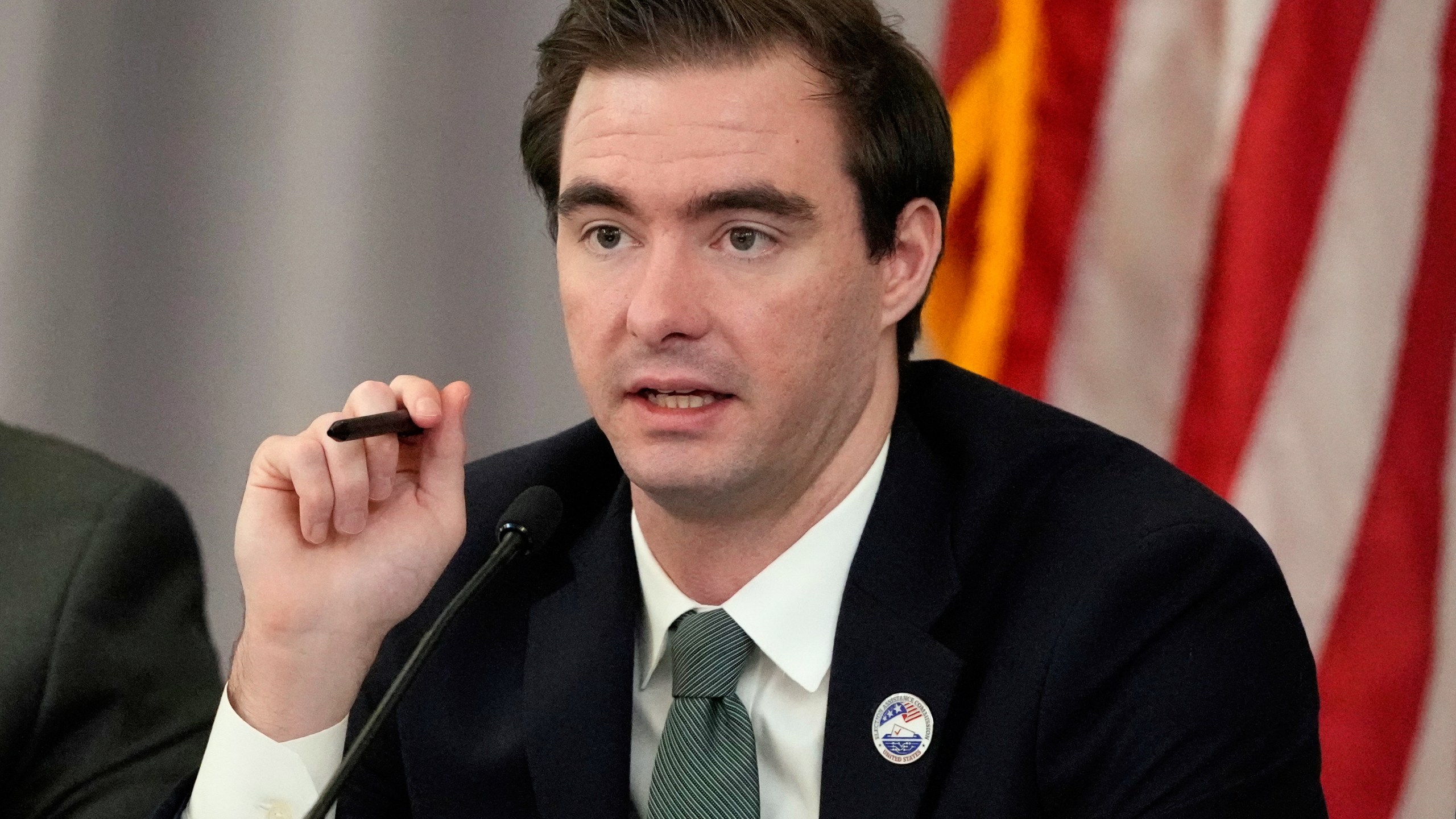 General Counsel, Camden Kelliher speaks at the U.S. Election Assistance Commission Standards Board in-person public meeting, Thursday, April 24, 2025, in Charlotte, N.C. (AP Photo/Chris Carlson)