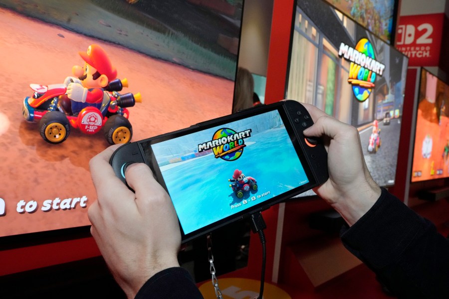 The Nintendo Switch 2 is demonstrated during a media event, in New York, Wednesday, April 2, 2025. (AP Photo/Richard Drew)