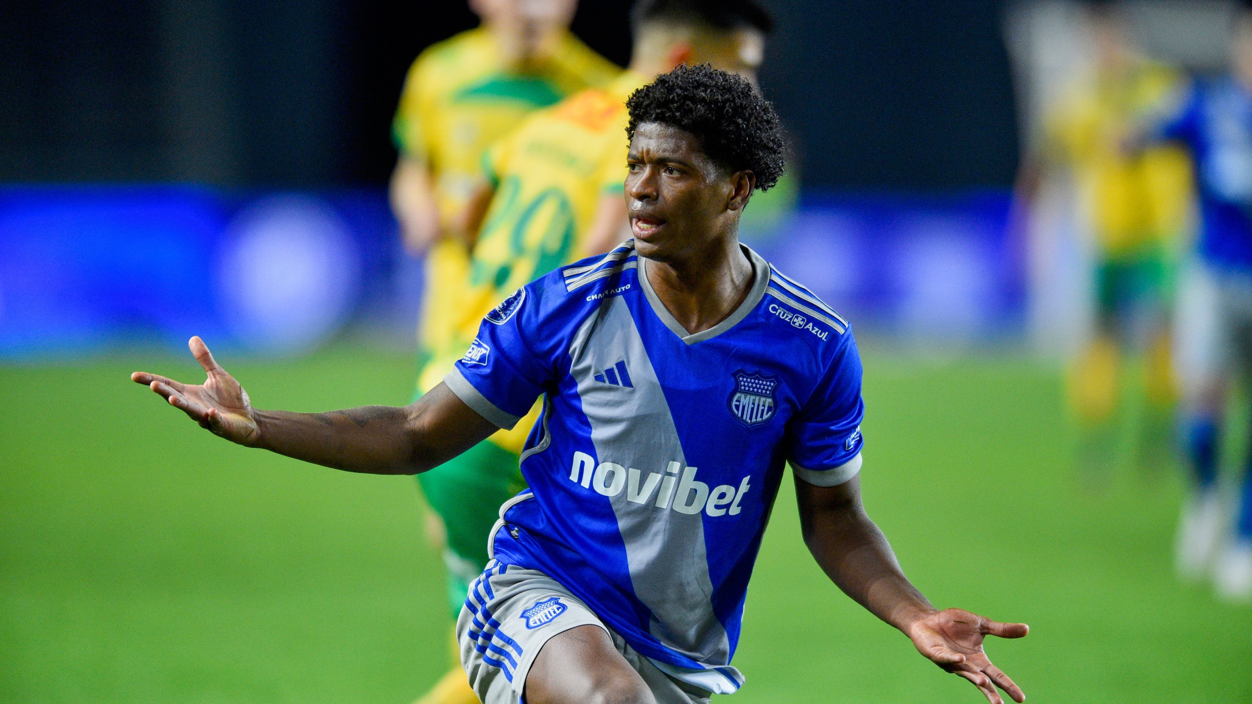 FILE - Jackson Rodriguez of Ecuador's Emelec reacts during a Copa Sudamericana round of 16 second leg soccer match against Argentina's Defensa y Justicia at the Unico Diego Armando Maradona stadium in La Plata, Argentina, Tuesday, Aug. 8, 2023. (AP Photo/Gustavo Garello, File)
