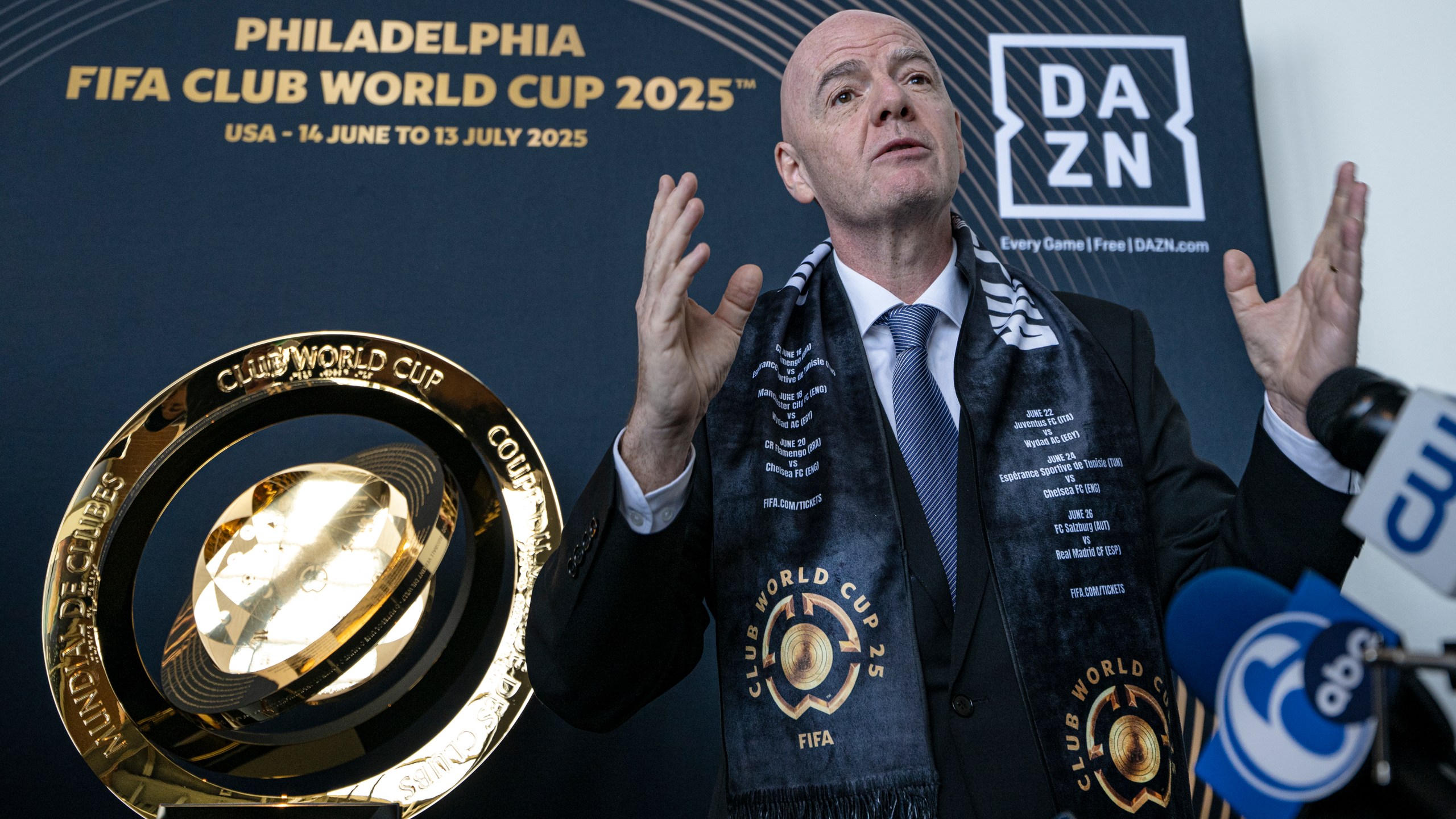 FIFA President Gianni Infantino speaks to the media at a welcoming event for the 2025 FIFA Club World Cup soccer tournament, Thursday, April 10, 2025, in Philadelphia. (Jose F. Moreno/The Philadelphia Inquirer via AP)