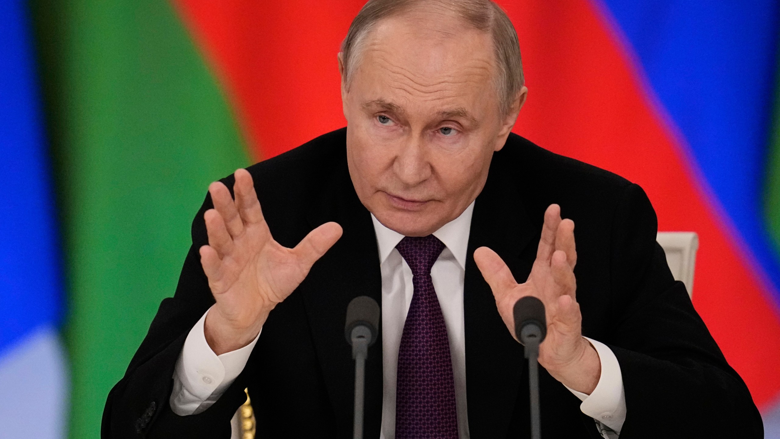 FILE - Russian President Vladimir Putin speaks during a news conference with Belarusian President Alexander Lukashenko following their talks at the Grand Kremlin Palace in Moscow, Russia, on March 13, 2025. (AP Photo/Alexander Zemlianichenko, File)