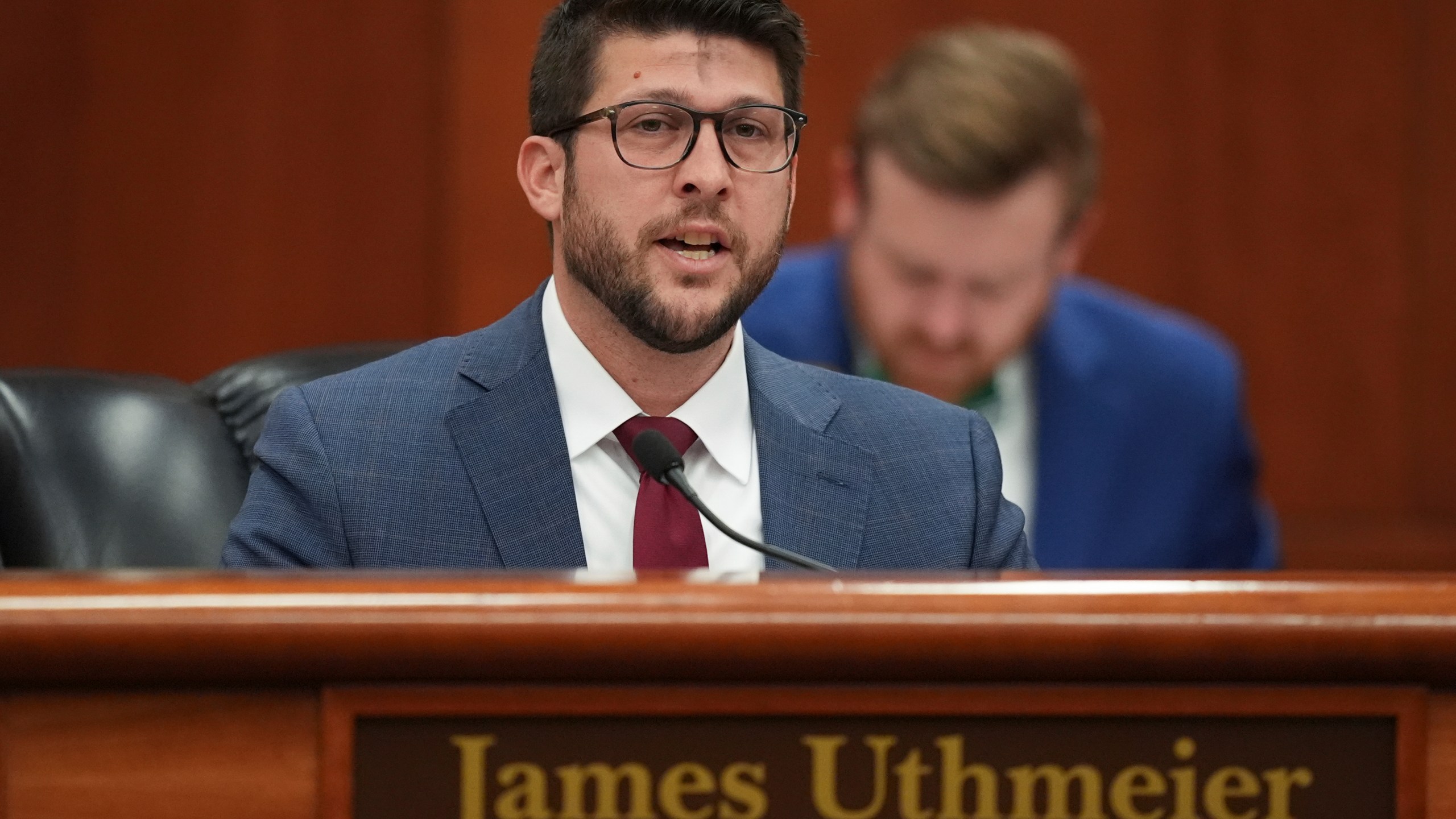 FILE - Florida Attorney General James Uthmeier speaks during a meeting between Gov. Ron DeSantis and the state cabinet at the Florida capitol in Tallahassee, Fla., March 5, 2025. (AP Photo/Rebecca Blackwell, File)