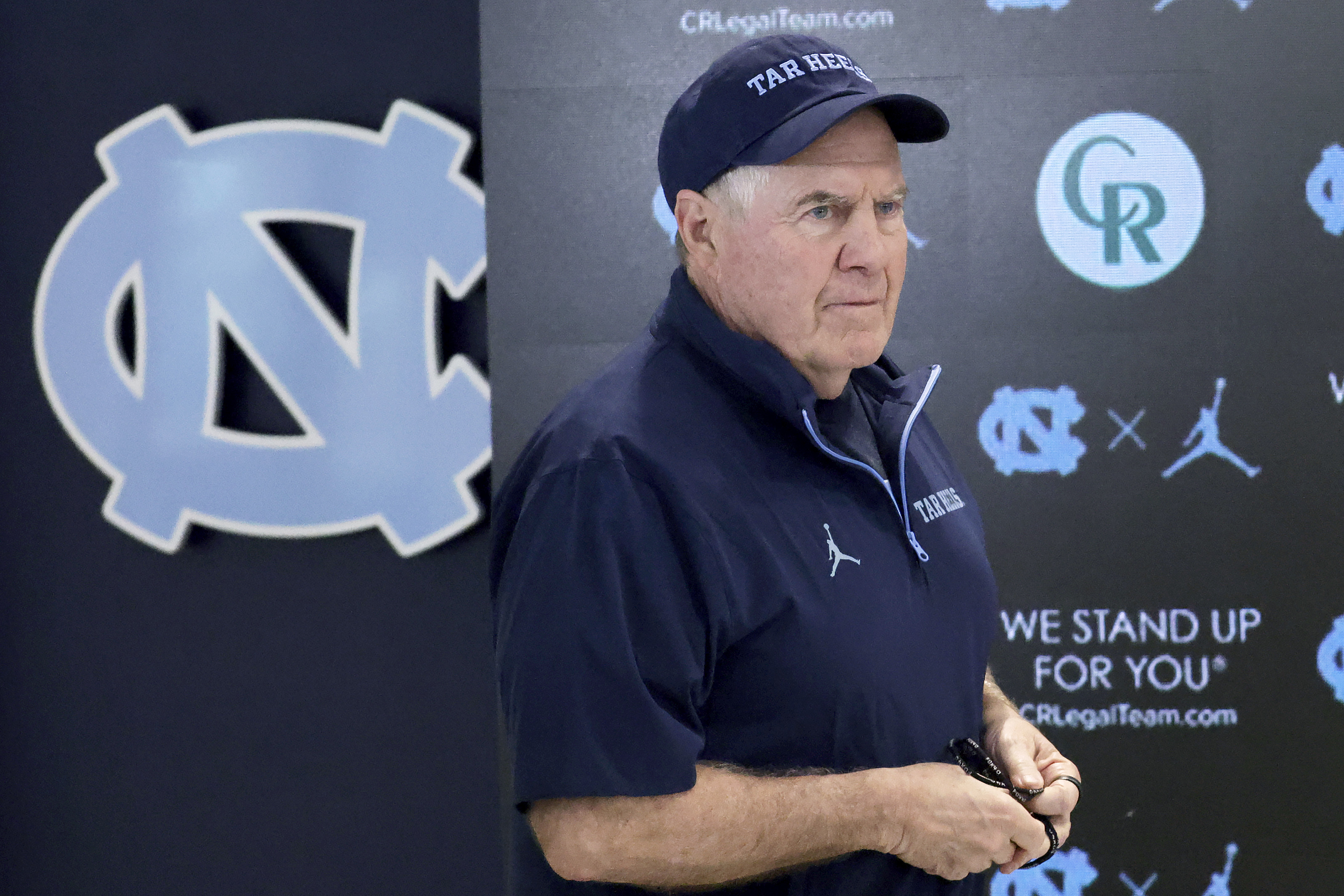FILE - North Carolina coach Bill Belichick arrives for an NCAA college football press conference, Wednesday, March 5, 2025, in Chapel Hill, N.C. (AP Photo/Chris Seward, File)