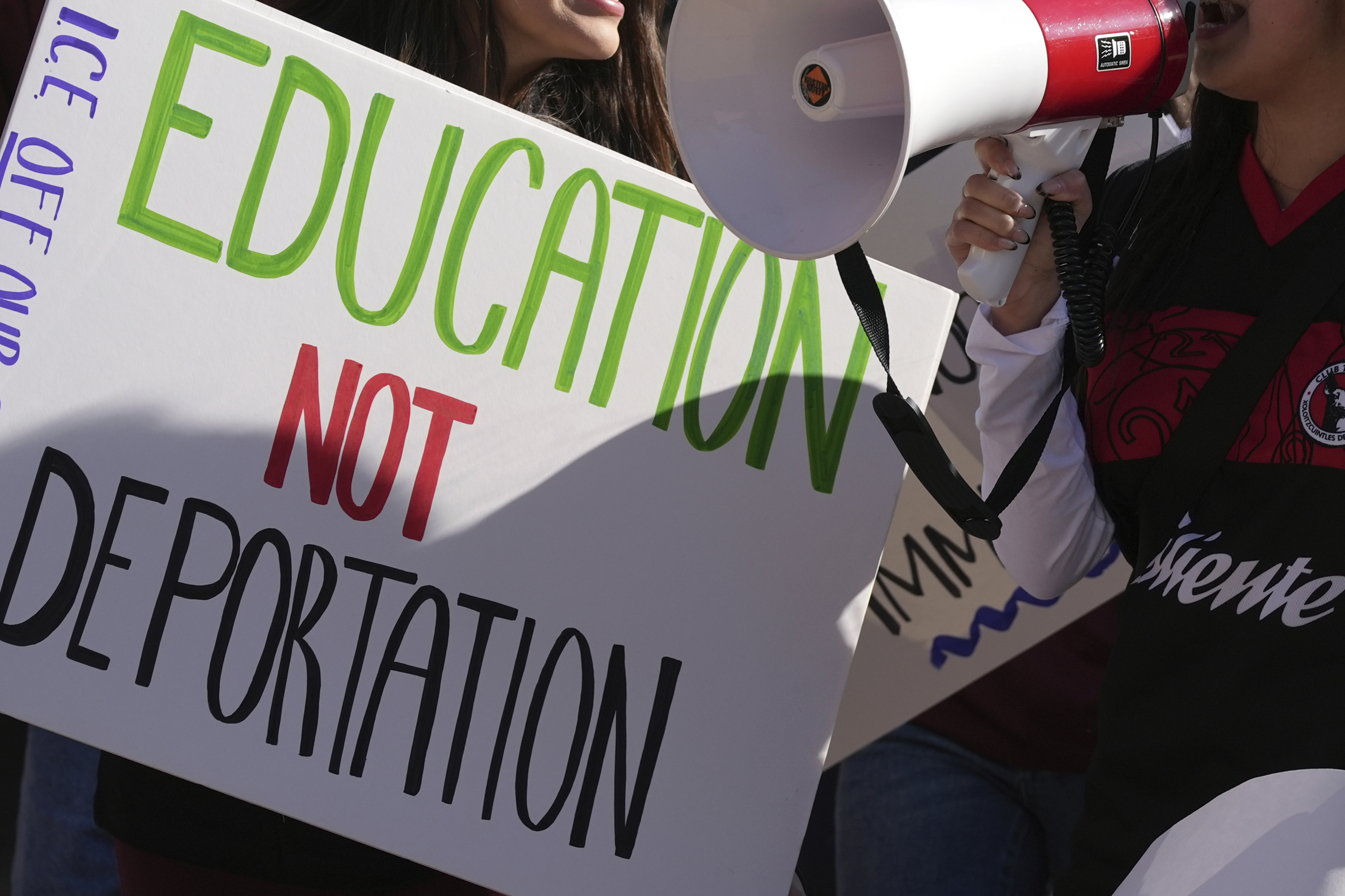 FILE - Students march at Arizona State University in protest of ASU's chapter of College Republicans United-led event encouraging students to report "their criminal classmates to ICE for deportations", Jan. 31, 2025, in Tempe, Ariz. (AP Photo/Ross D. Franklin, File)