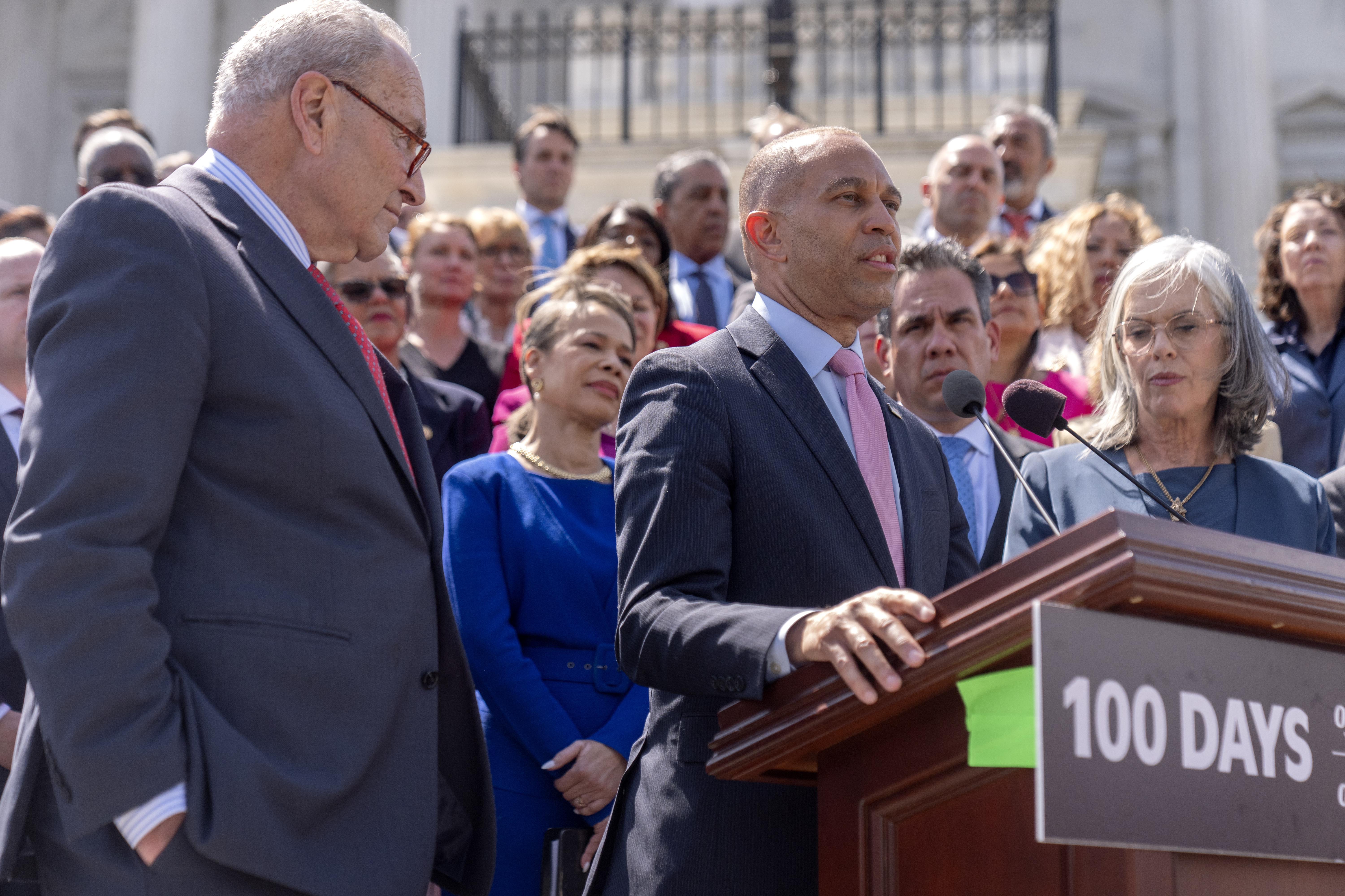House Minority Leader Hakeem Jeffries, of N.Y., speaks during an event with House and Senate Democrats to mark 100 days of President Donald Trump's term on the steps of the Senate on Capitol Hill, Wednesday, April 30, 2025, in Washington. (AP Photo/Mark Schiefelbein)
