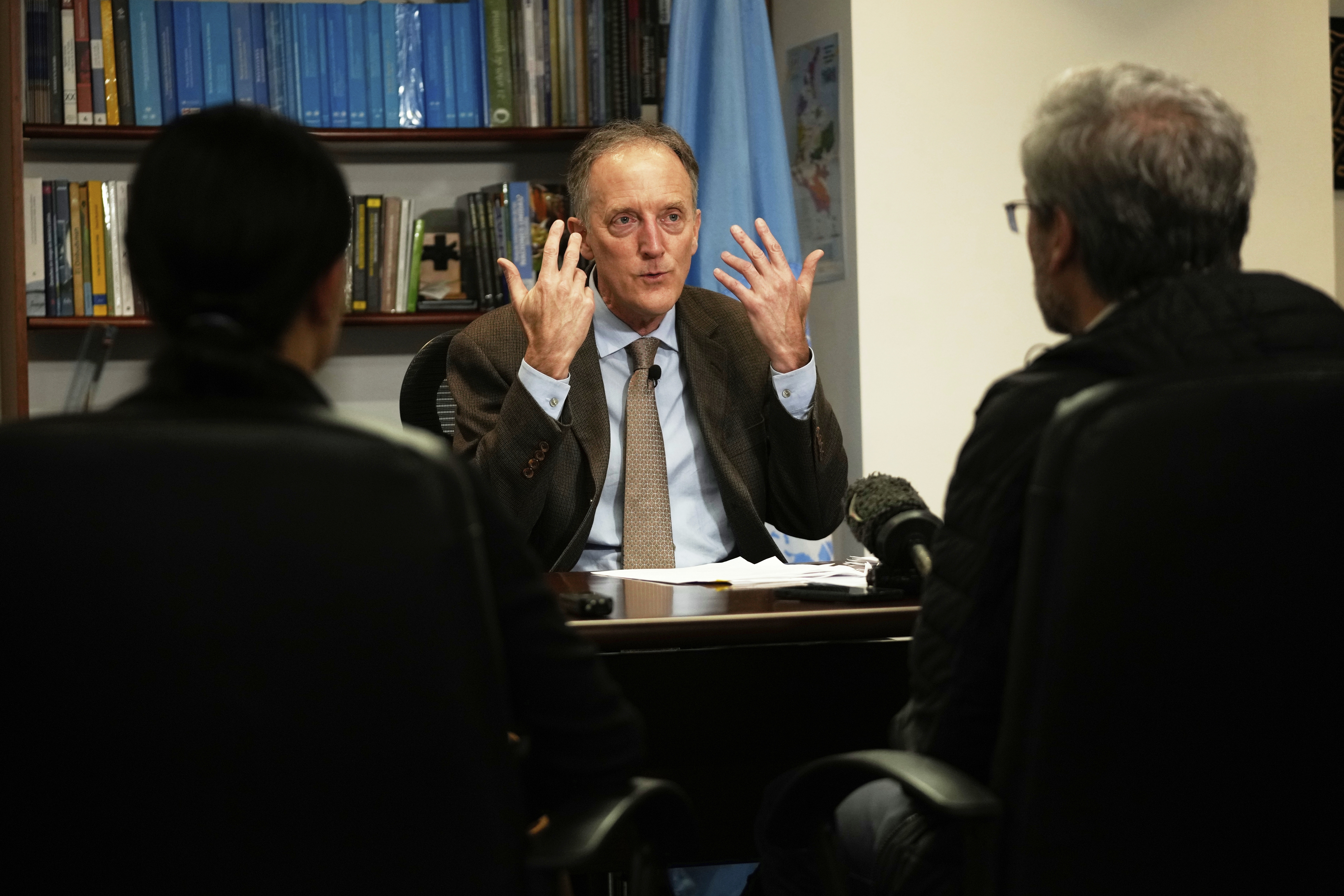UN High Commissioner for Human Rights in Colombia Scott Campbell gives an interview in Bogota, Colombia, Tuesday, April 29, 2025. (AP Photo/Fernando Vergara)