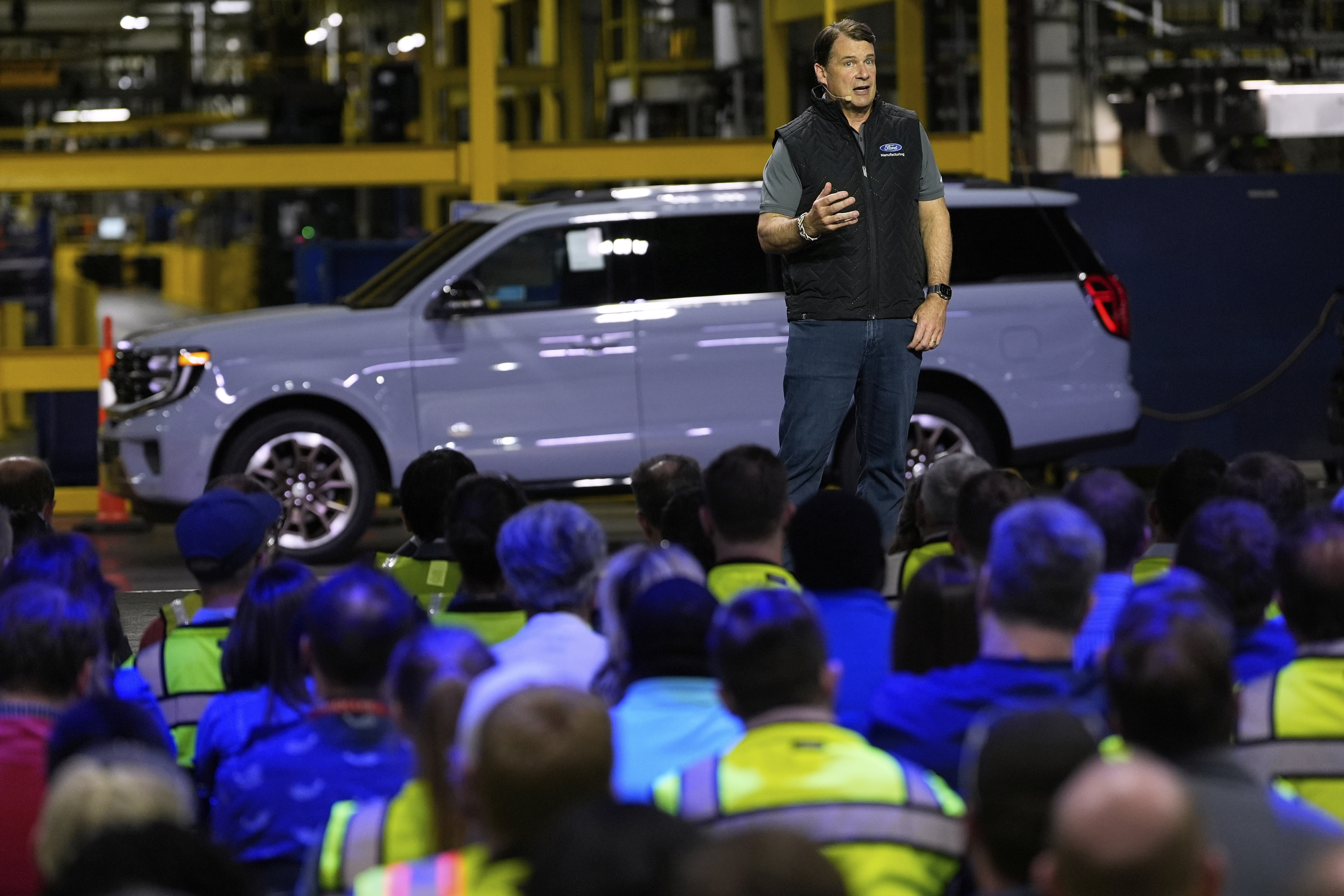 Jim Farley, President and Chief Executive Officer of Ford, speaks at the Ford Motor Company Kentucky Truck Plant to launch the 2025 Ford Expedition, Wednesday, April 30, 2025, in Louisville, Ky. (AP Photo/Carolyn Kaster)