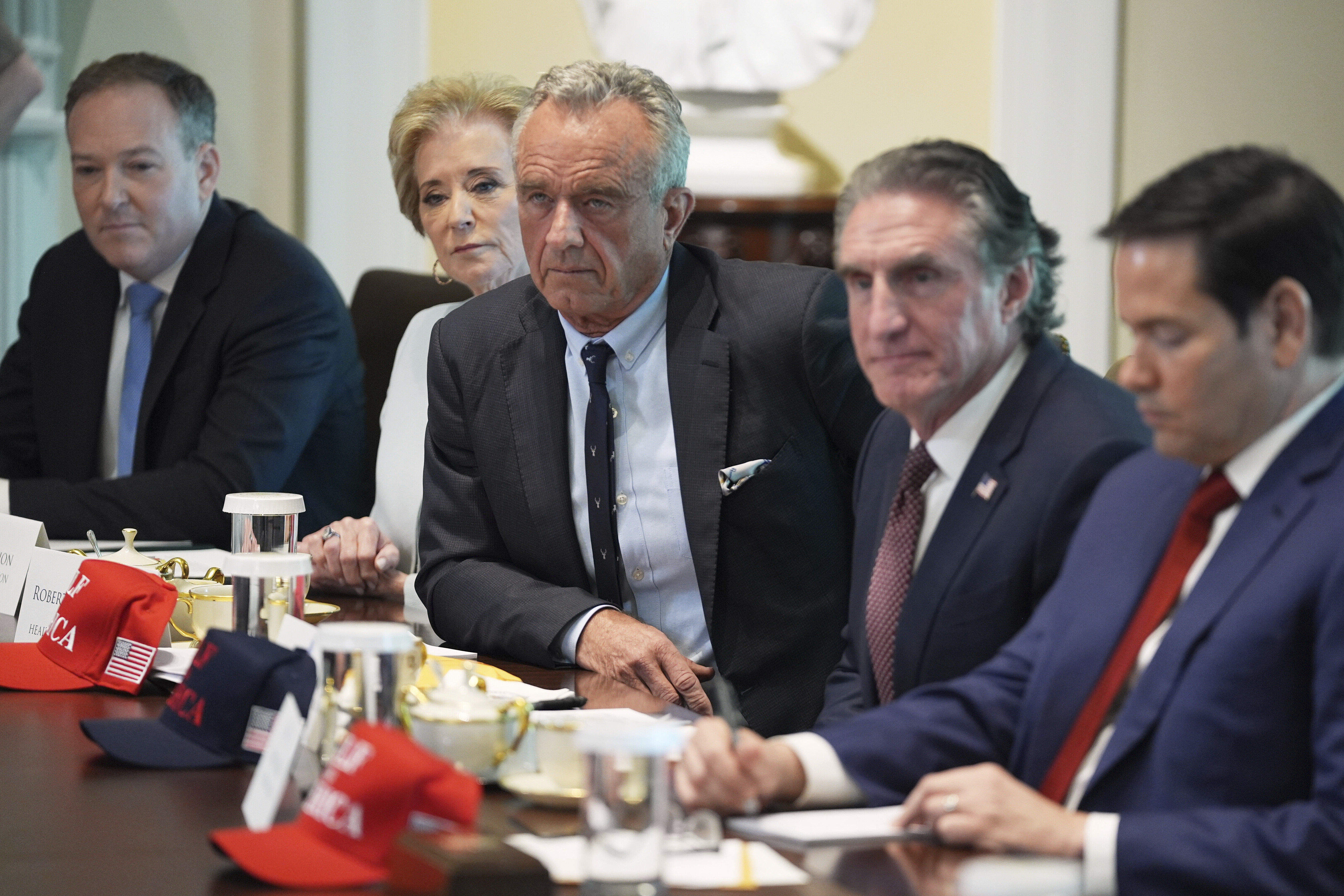 From left, EPA Administrator Lee Zeldin, Education Secretary Linda McMahon, Secretary of Health and Human Service Robert F. Kennedy, Jr., Interior Secretary Doug Burgum and Secretary of State Marco Rubio, listen during a cabinet meeting at the White House, Wednesday, April 30, 2025, in Washington. (AP Photo/Evan Vucci)