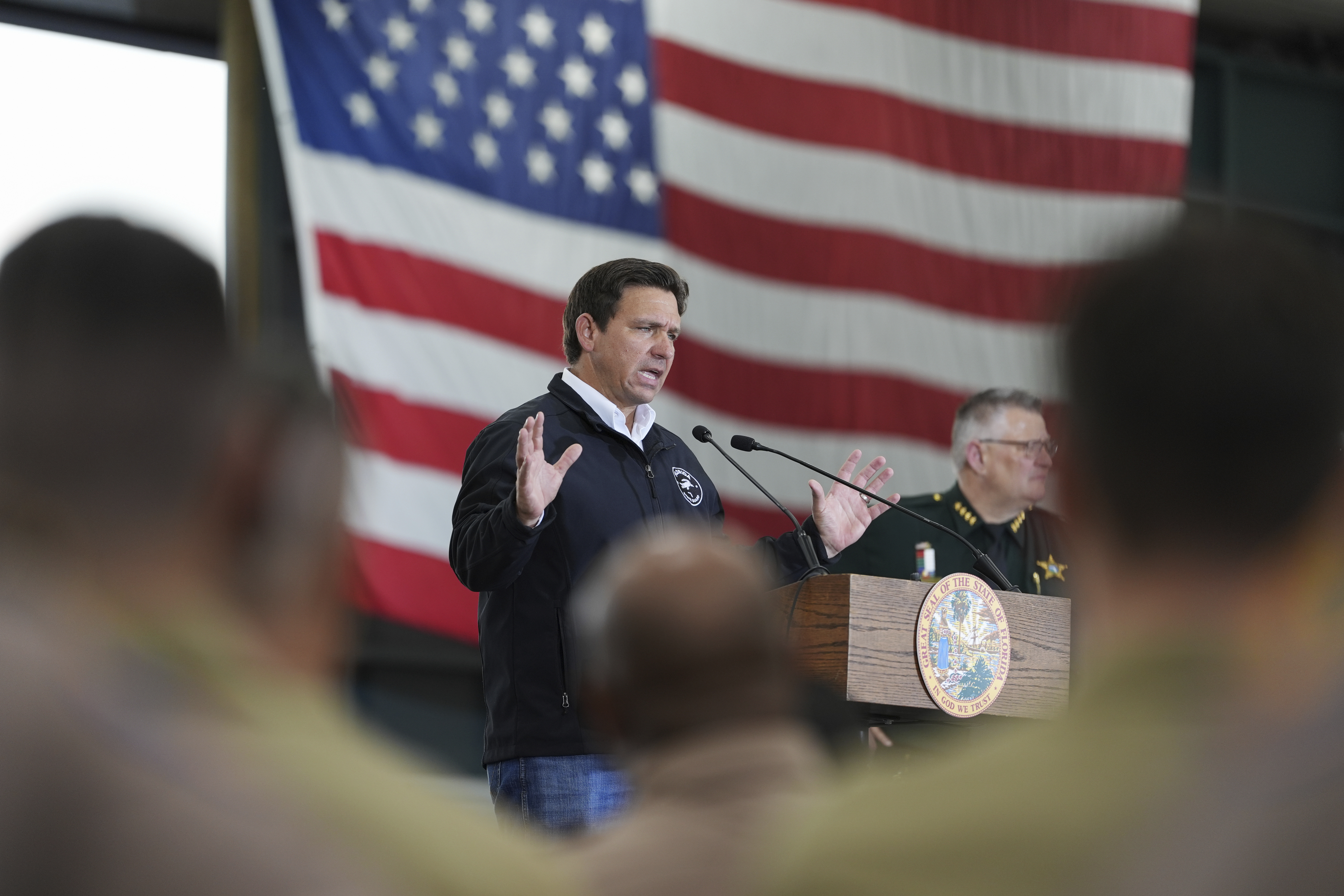 FILE - Florida Gov. Ron DeSantis speaks during a press conference on immigration enforcement, at a U.S. Customs and Border Protection hangar on Homestead Air Force Base, Feb. 26, 2025, in Homestead, Fla. (AP Photo/Rebecca Blackwell, File)