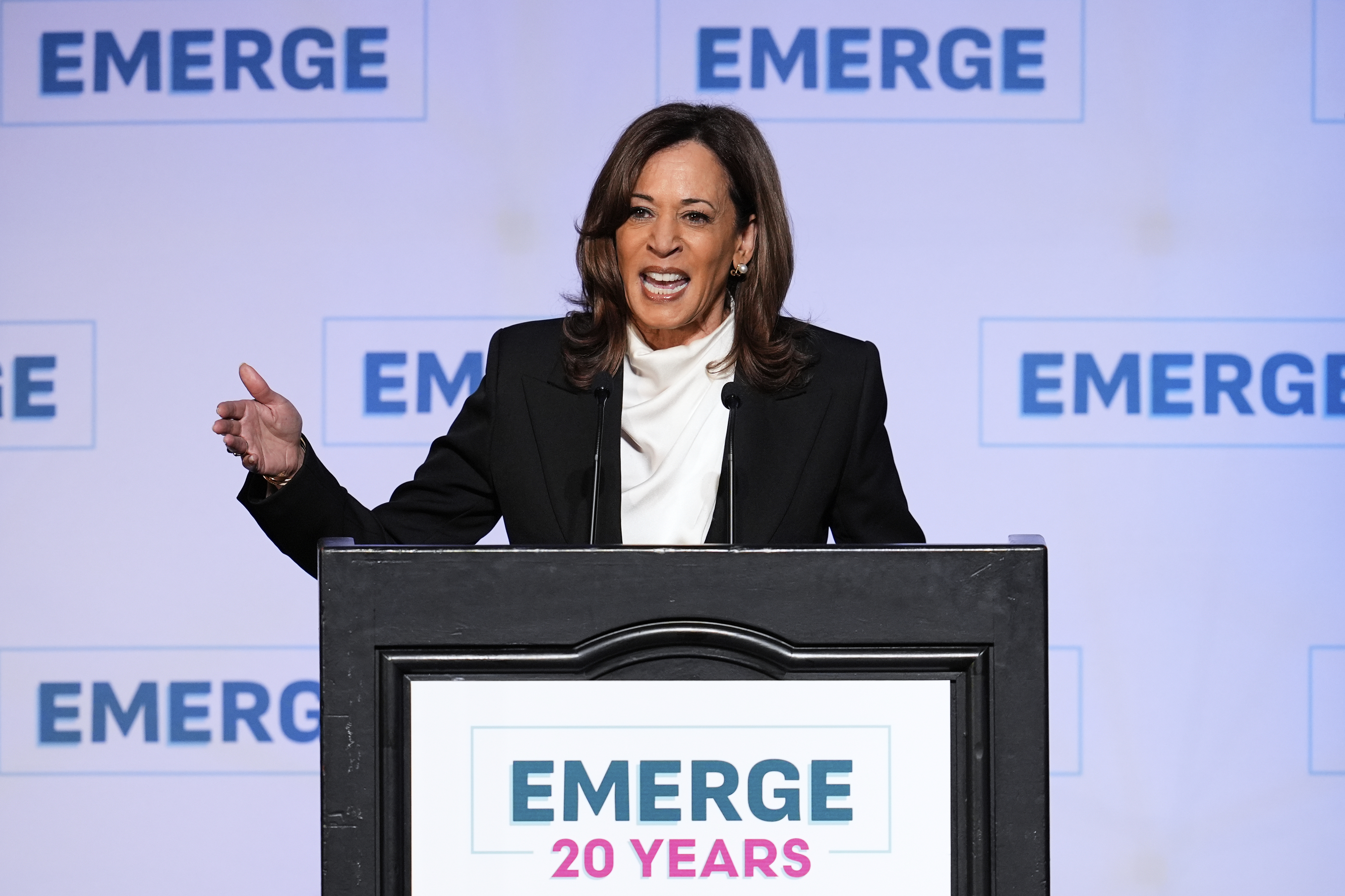 Former Vice President Kamala Harris delivers the keynote speech at the Emerge 20th Anniversary Gala in San Francisco, Wednesday, April 30, 2025. (AP Photo/Godofredo A. Vásquez)
