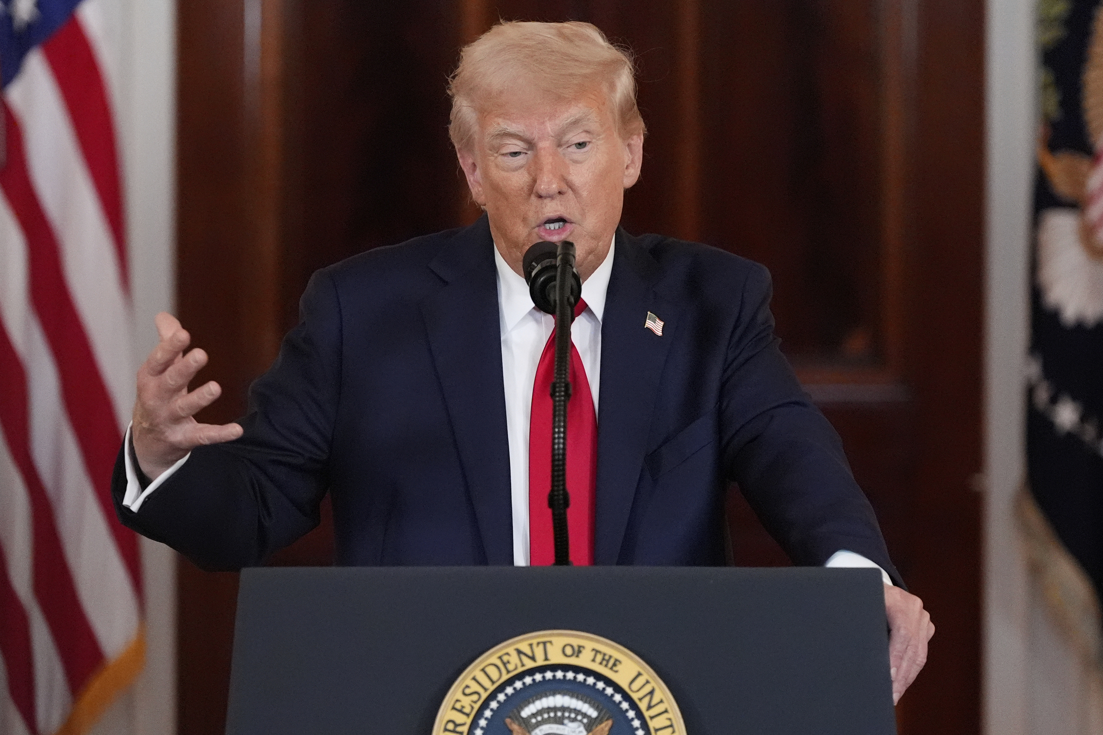 President Donald Trump speaks about investing in America in the Cross Hall of the White House, Wednesday, April 30, 2025, in Washington. (AP Photo/Alex Brandon)