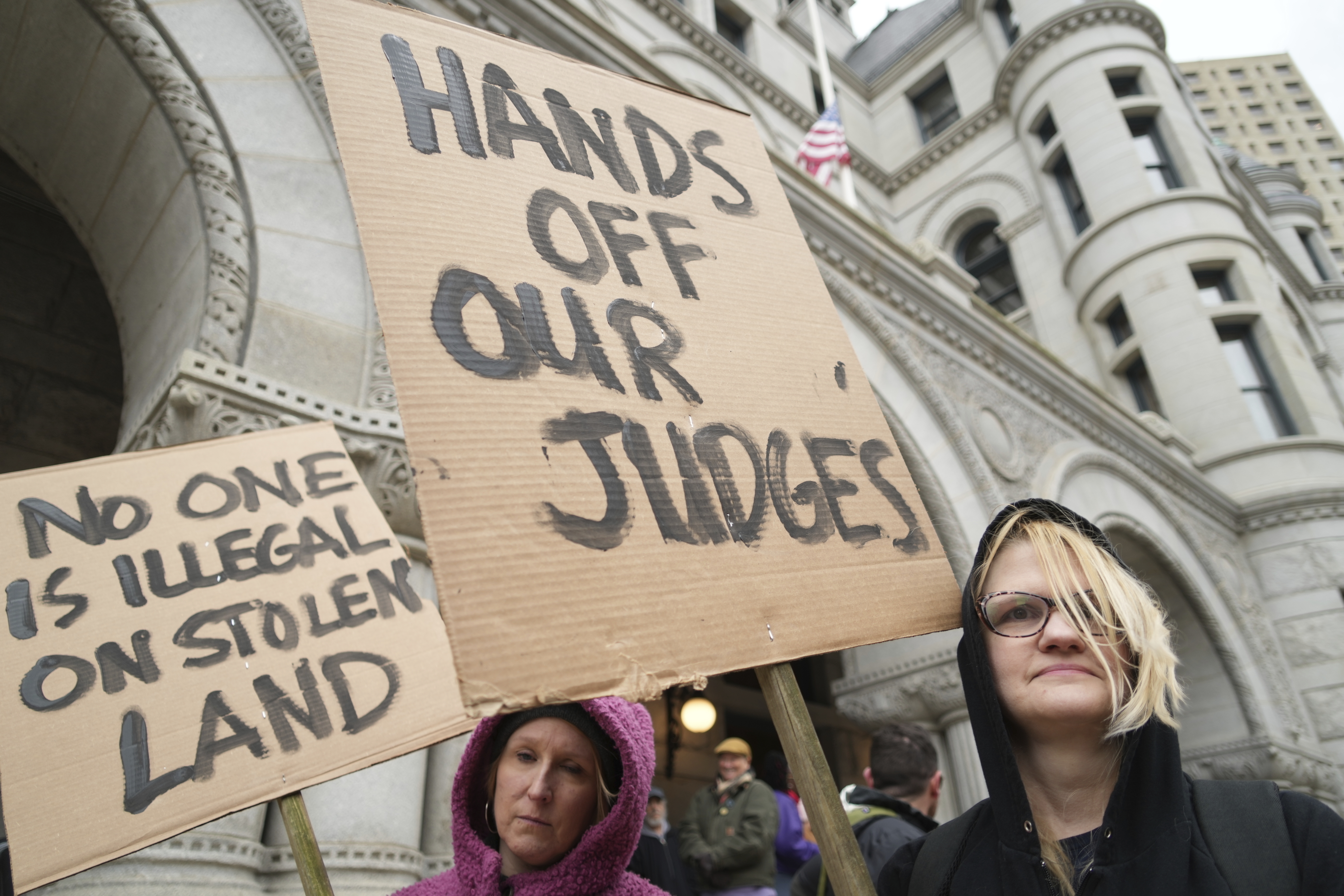 FILE - Supporters of Judge Hannah Dugan hold a rally in Milwaukee at the U.S. Courthouse in Milwaukee, April 25, 2025. (Lee Matz/Milwaukee Independent via AP, File)