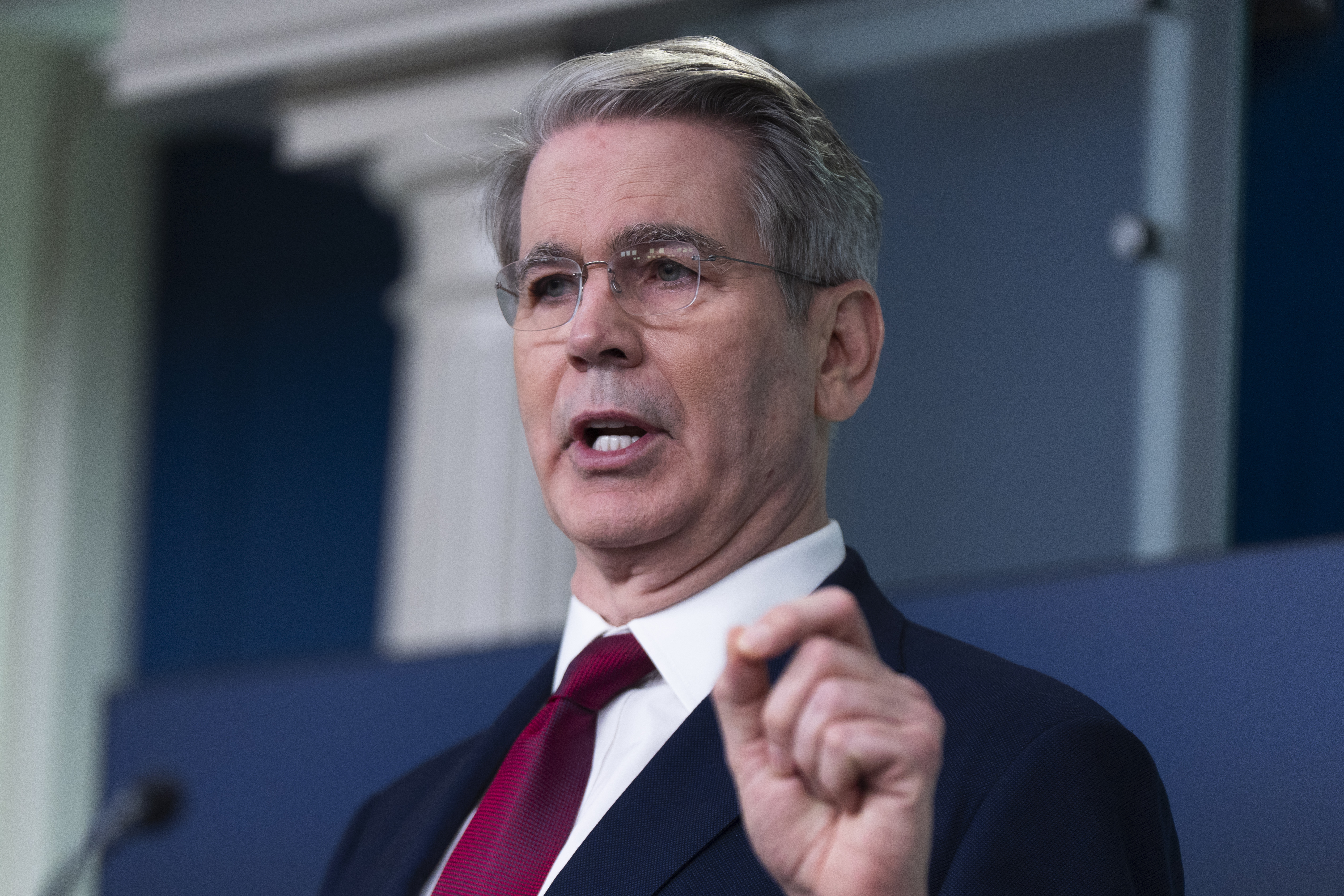 Treasury Secretary Scott Bessent, speaks to reporters in the James Brady Press Briefing Room at the White House, Tuesday, April 29, 2025, in Washington. (AP Photo/Manuel Balce Ceneta)