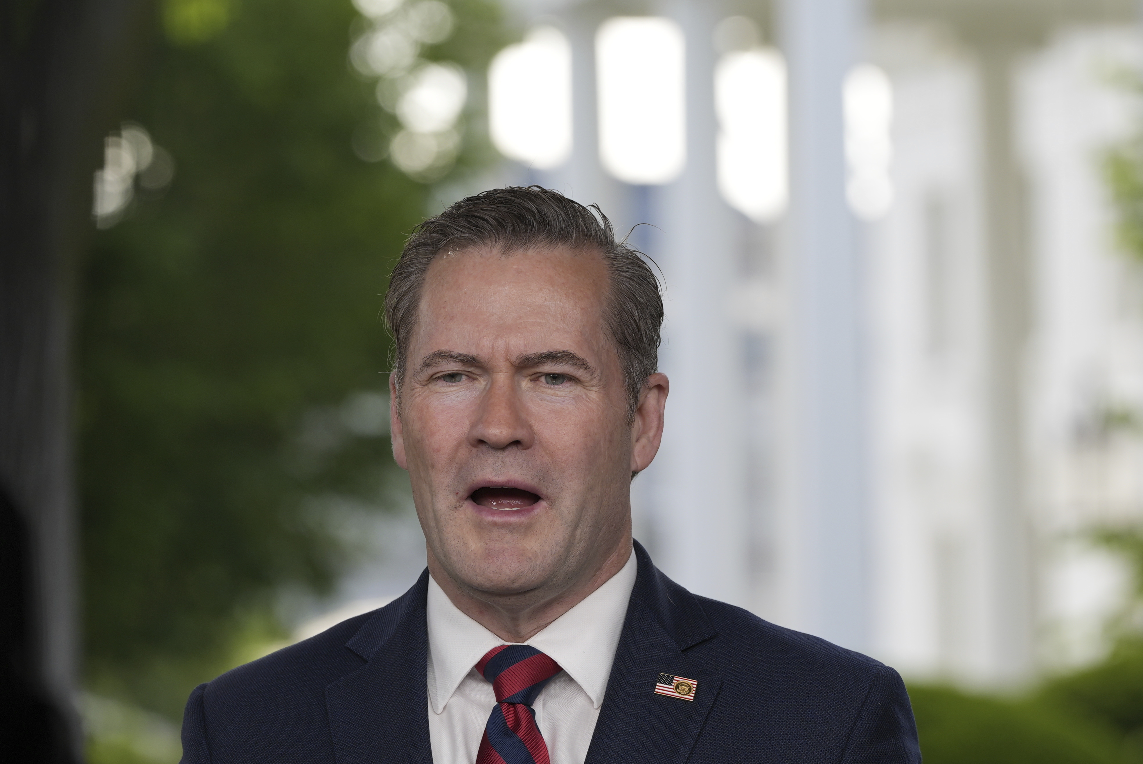 National Security Advisor Mike Waltz speaks during a television interview at the White House, Thursday, May 1, 2025, in Washington. (AP Photo/Alex Brandon)