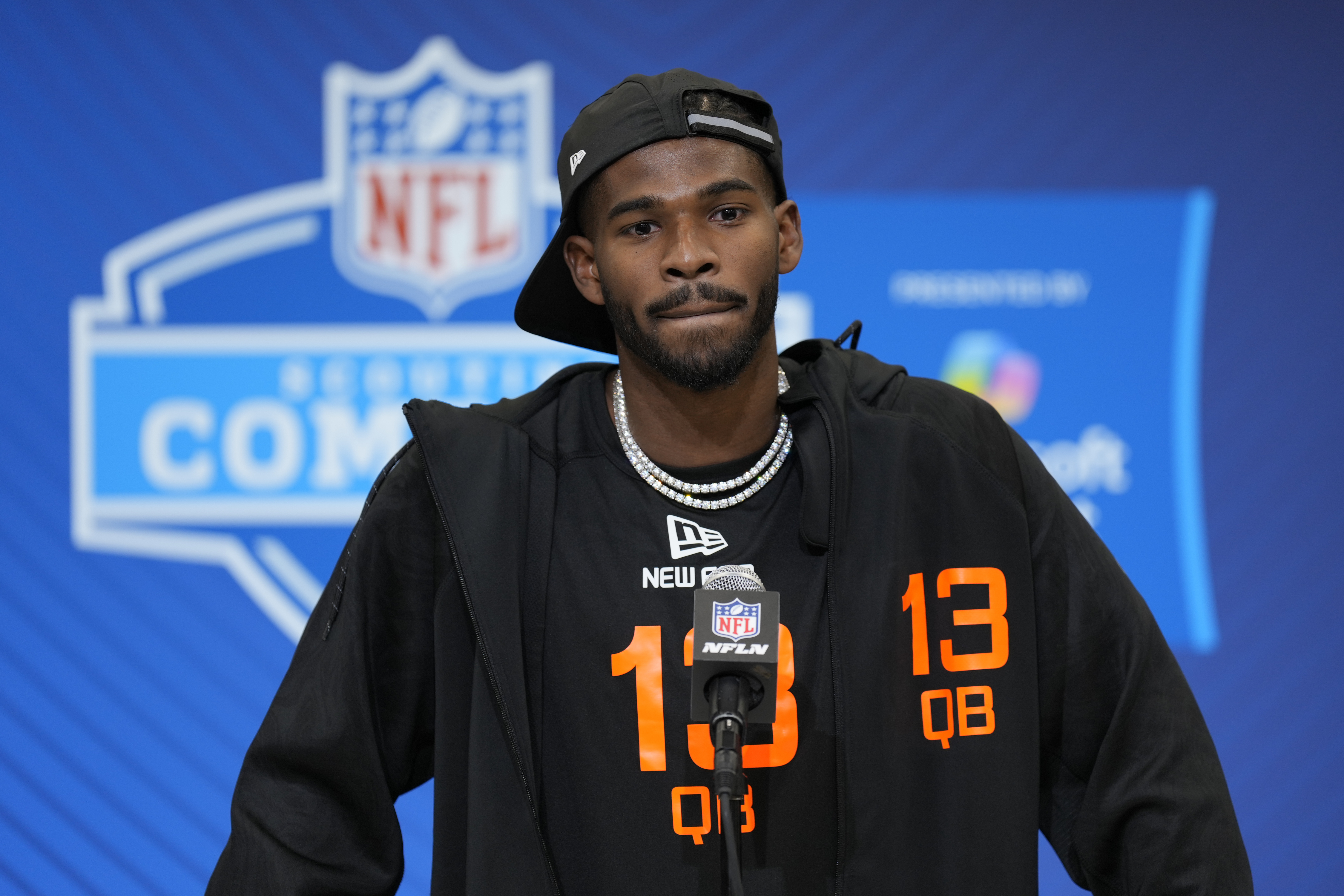 FILE - Colorado quarterback Shedeur Sanders speaks during a press conference at the NFL football scouting combine Friday, Feb. 28, 2025, in Indianapolis. (AP Photo/George Walker IV, File)