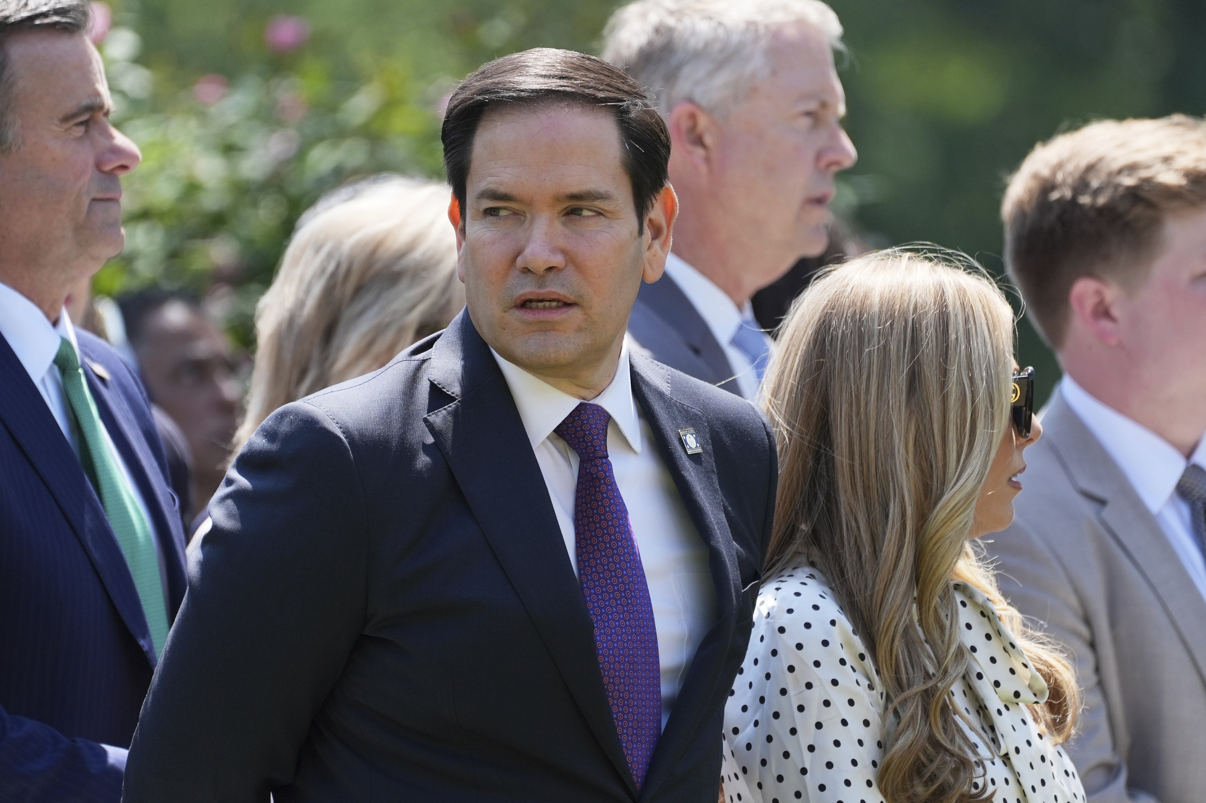 Secretary of State Marco Rubio attends a National Day of Prayer event in the Rose Garden of the White House, Thursday, May 1, 2025, in Washington. (AP Photo/Evan Vucci)