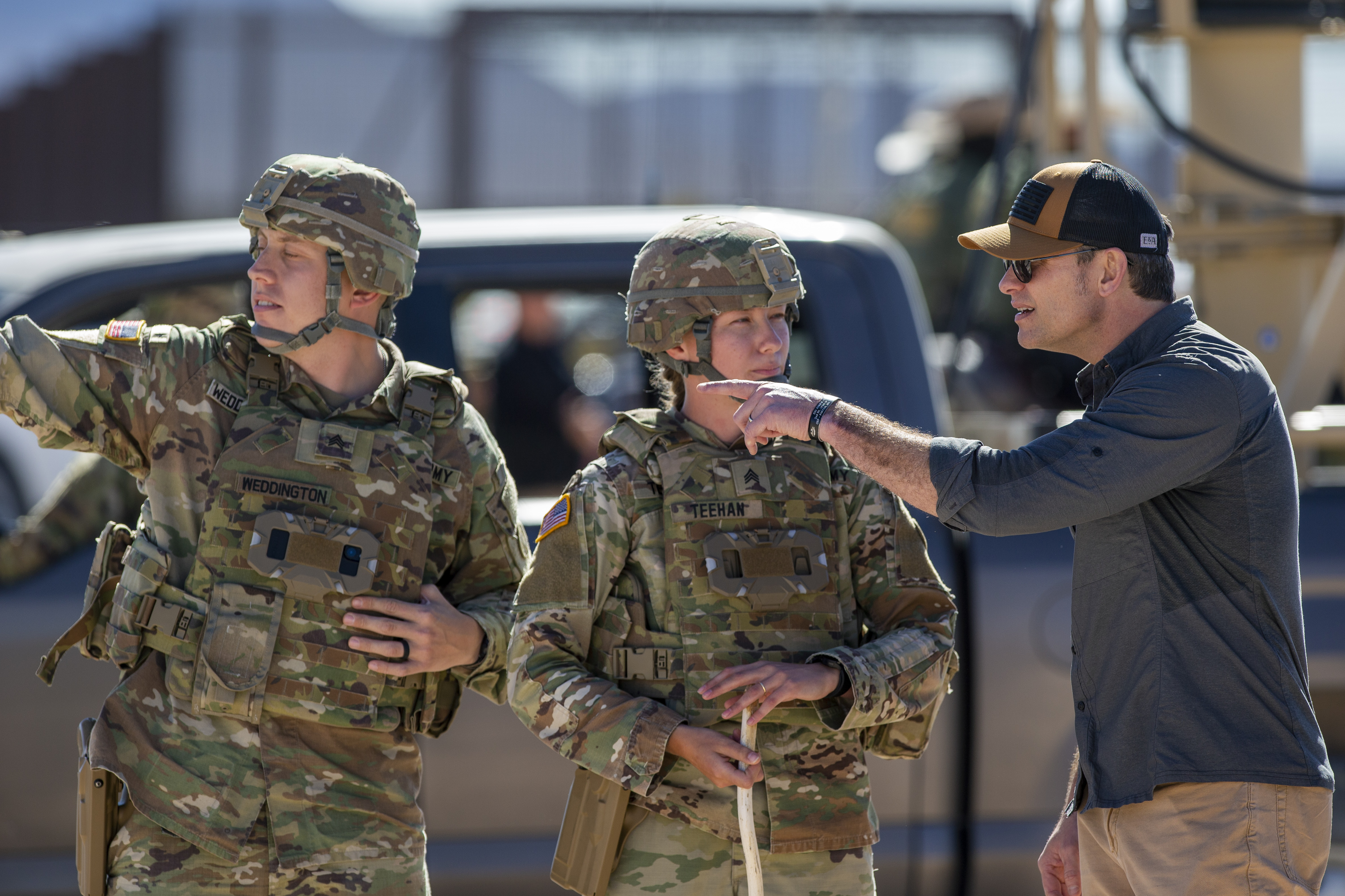 FILE - Defense Secretary Pete Hegseth, right, speaks as he's briefed by Army soldiers while visiting the US-Mexico border in Sunland Park, N.M., Monday, Feb. 3, 2025. (AP Photo/Andres Leighton, File)