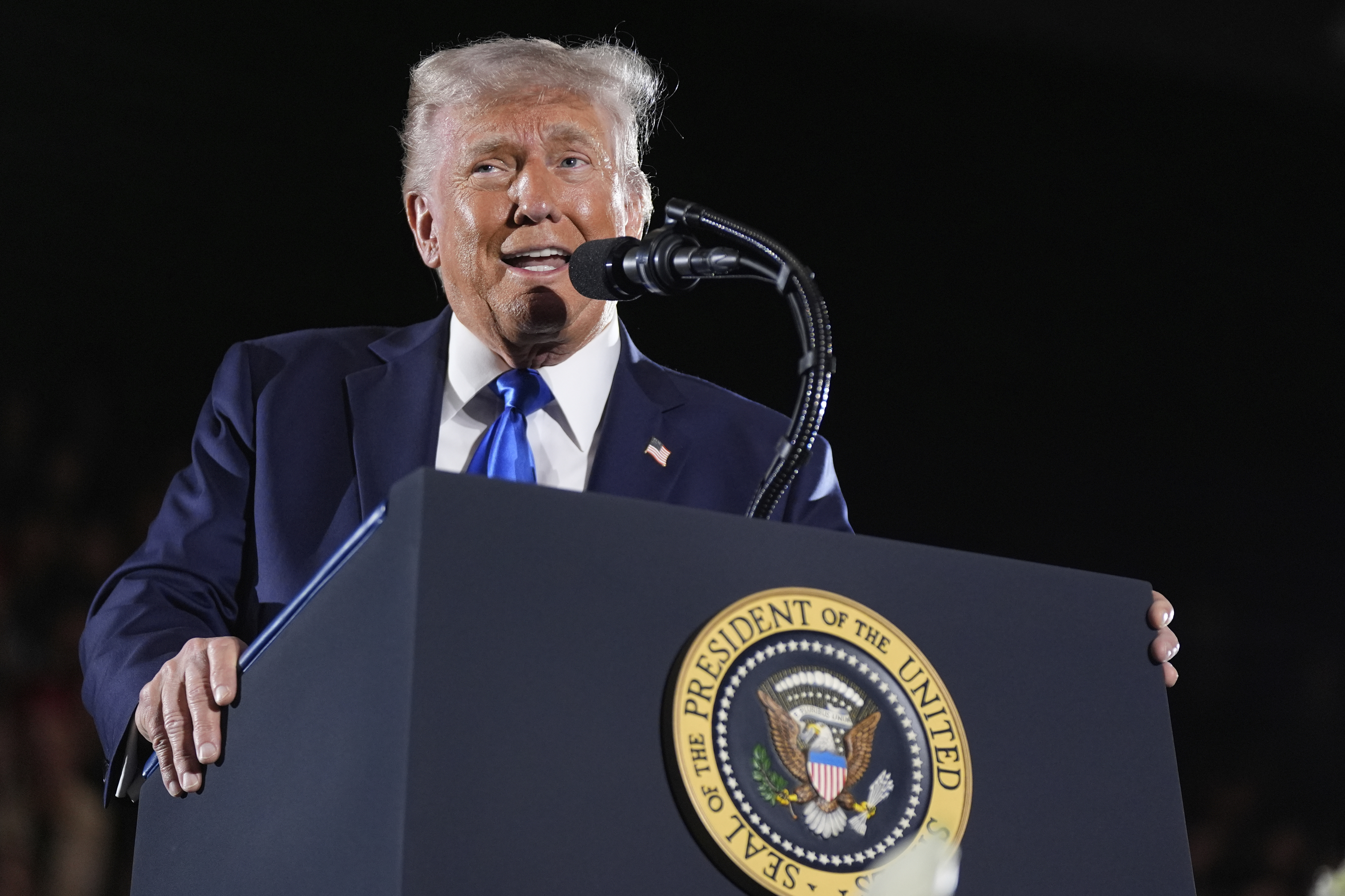 President Donald Trump gives a commencement address at the University of Alabama, Thursday, May 1, 2025, in Tuscaloosa, Ala. (AP Photo/Manuel Balce Ceneta)