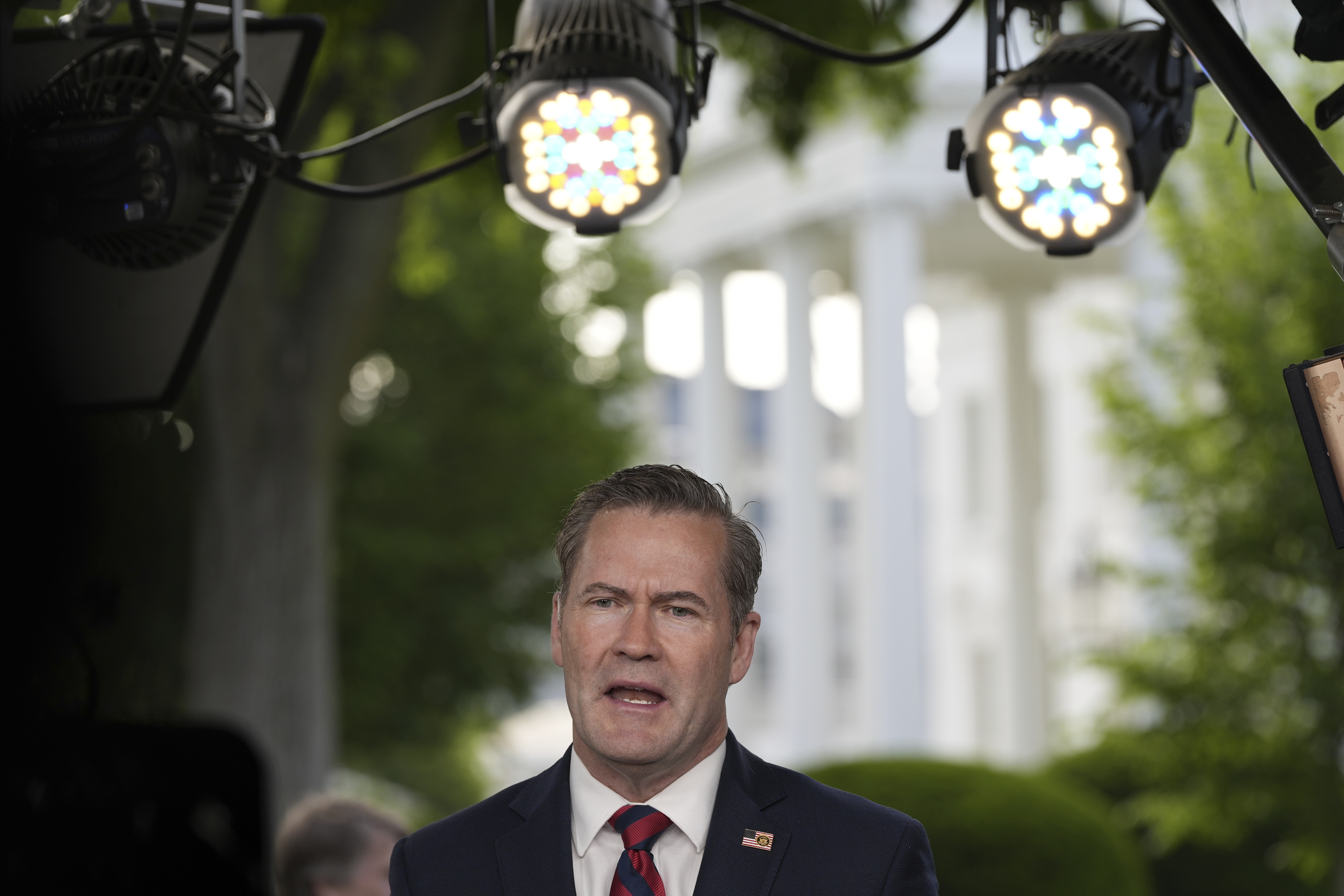 National Security Advisor Mike Waltz speaks during a television interview at the White House, Thursday, May 1, 2025, in Washington. (AP Photo/Alex Brandon)