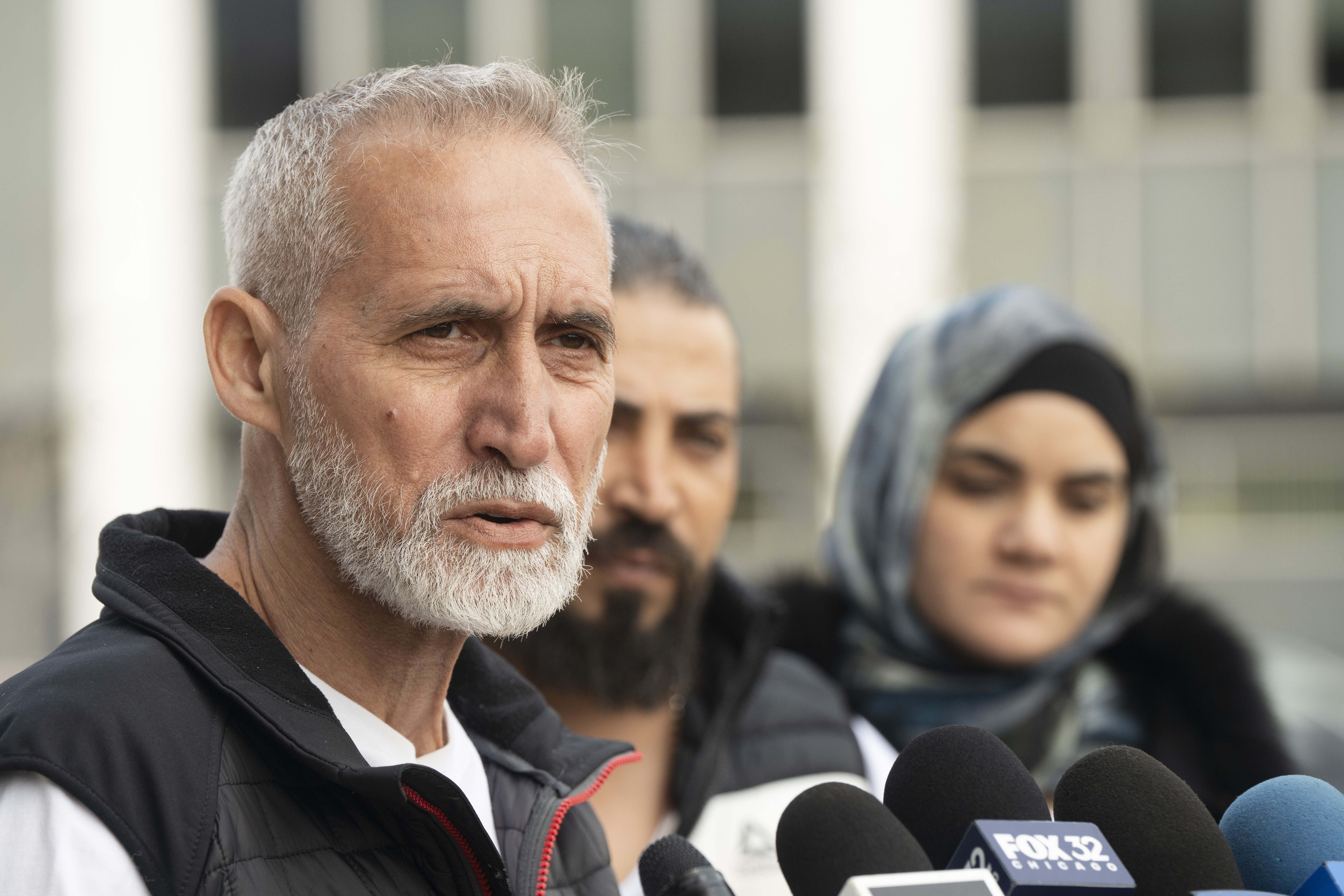 Mahmoud Yousef, grandfather of Wadee Al Fayoumi, who was murdered by Joseph Czuba in 2023, speaks to the media after the sentencing of outside the Will County Courthouse in Joliet, Ill., Friday, May 2, 2025. (Pat Nabong /Chicago Sun-Times via AP)