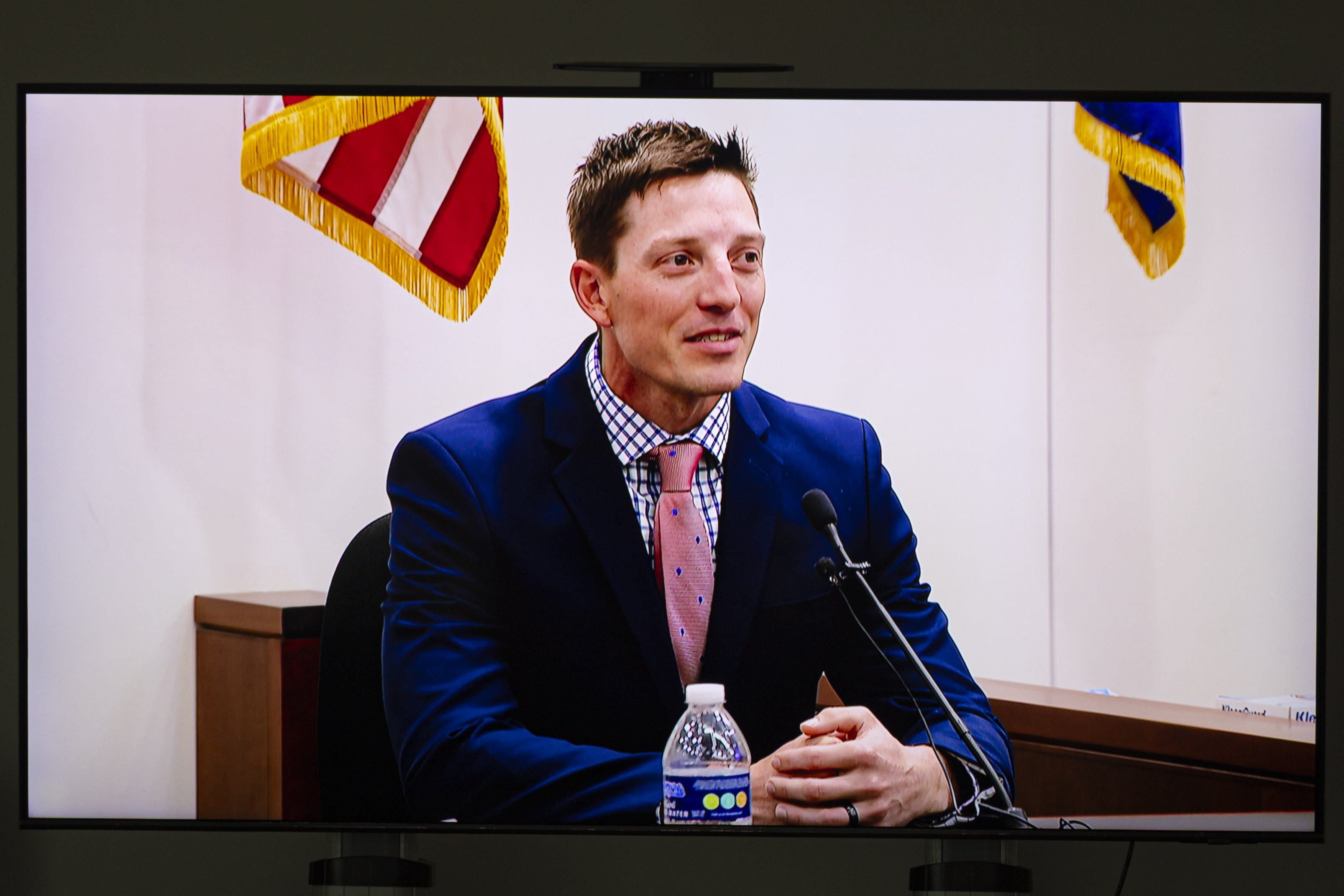 Former Grand Rapids Police officer Christopher Schurr testifies during his fifth day of trial at the Kent County Courthouse in Grand Rapids, Mich. on Friday, May 2, 2025. (Joel Bissell /Kalamazoo Gazette via AP)
