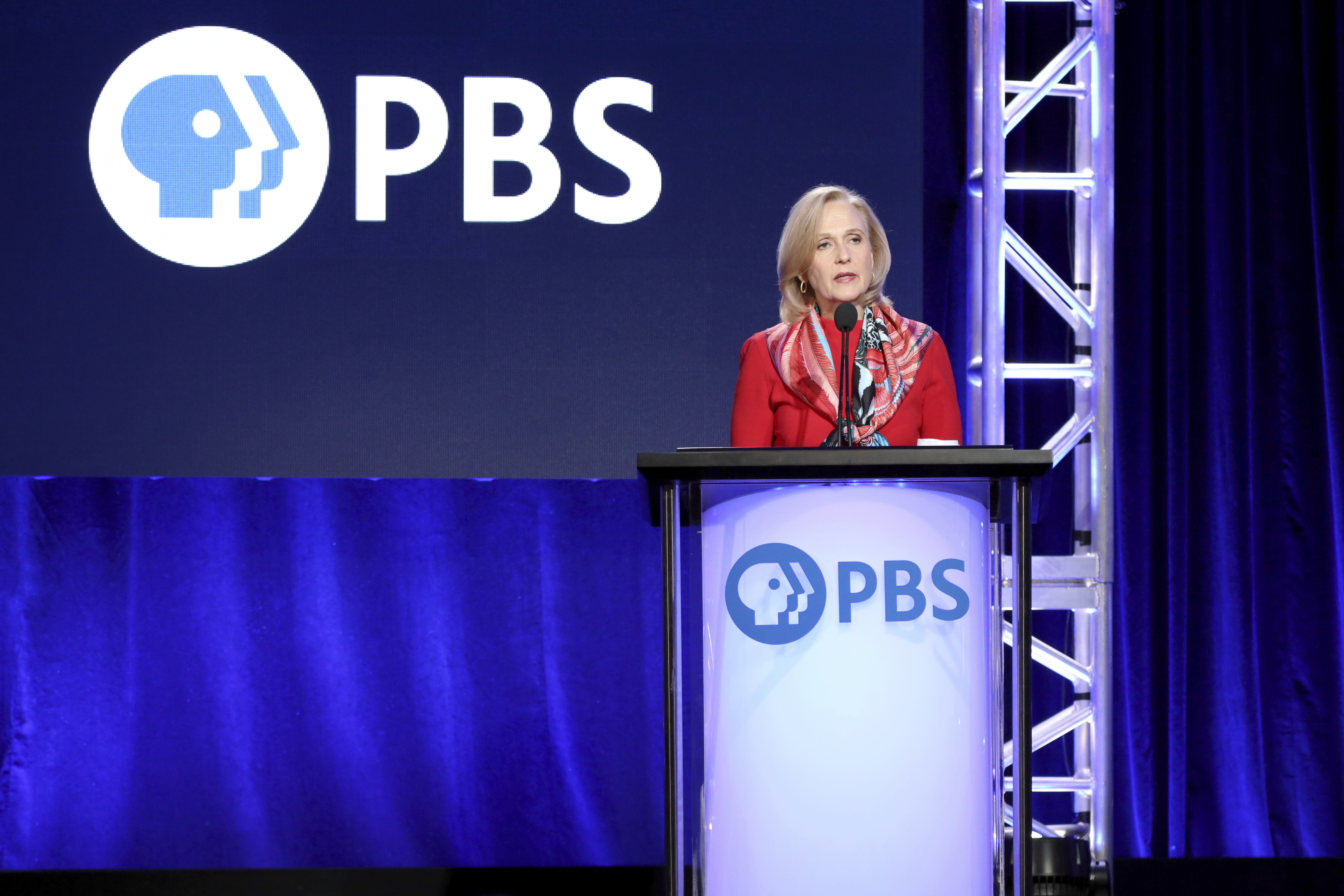 FILE - Paula Kerger, President and CEO at PBS, speaks at the executive session during the PBS Winter 2020 TCA Press Tour at The Langham Huntington, Pasadena, Jan. 10, 2020, in Pasadena, Calif. (Photo by Willy Sanjuan/Invision/AP, File)