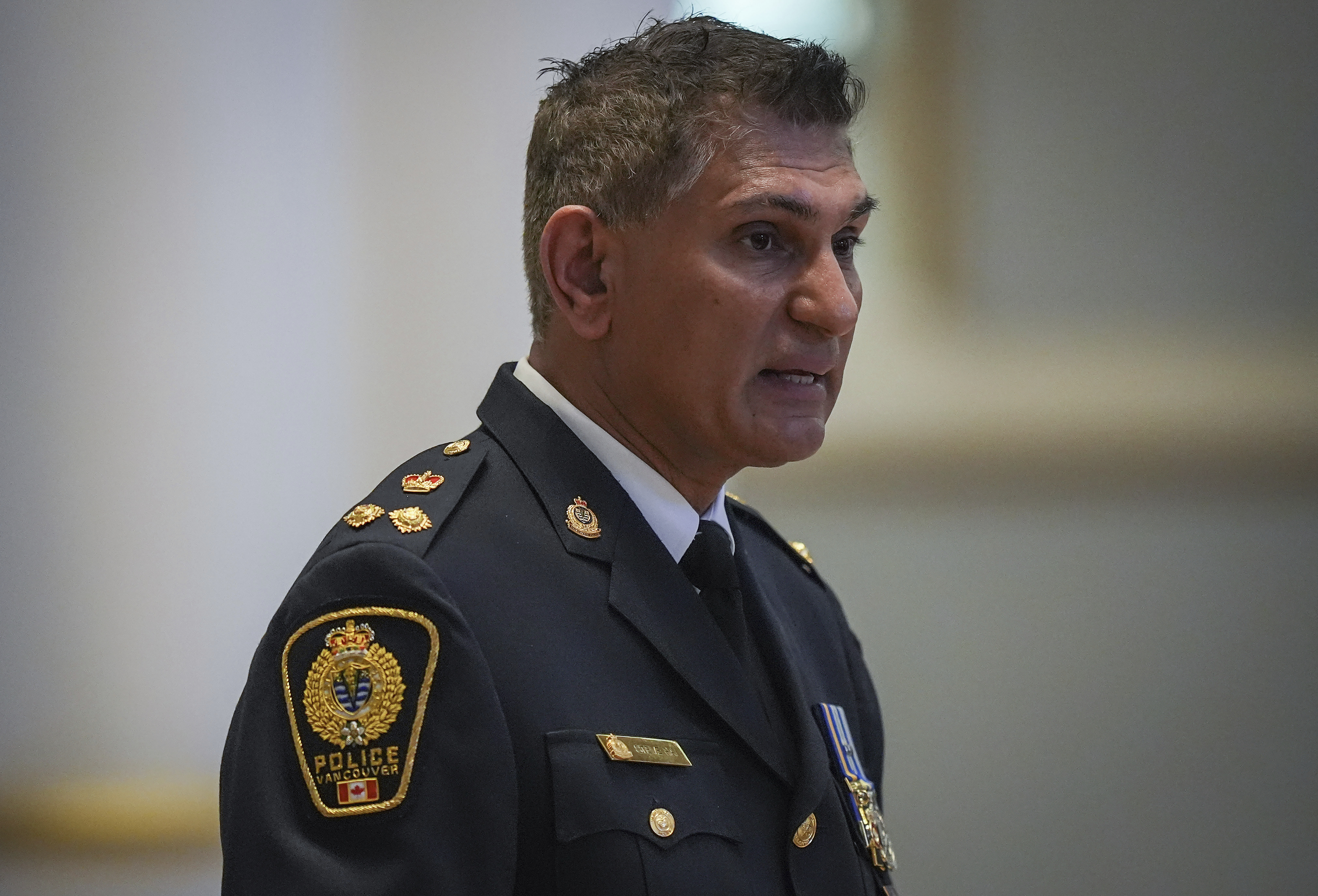 Interim Vancouver Police Chief Steve Rai speaks after mass at Holy Rosary Cathedral on a provincial day of mourning for the victims of the vehicle-ramming attack at the Filipino community's Lapu Lapu Day festival last week, in Vancouver, on Friday, May 2, 2025. (Darryl Dyck/The Canadian Press via AP)