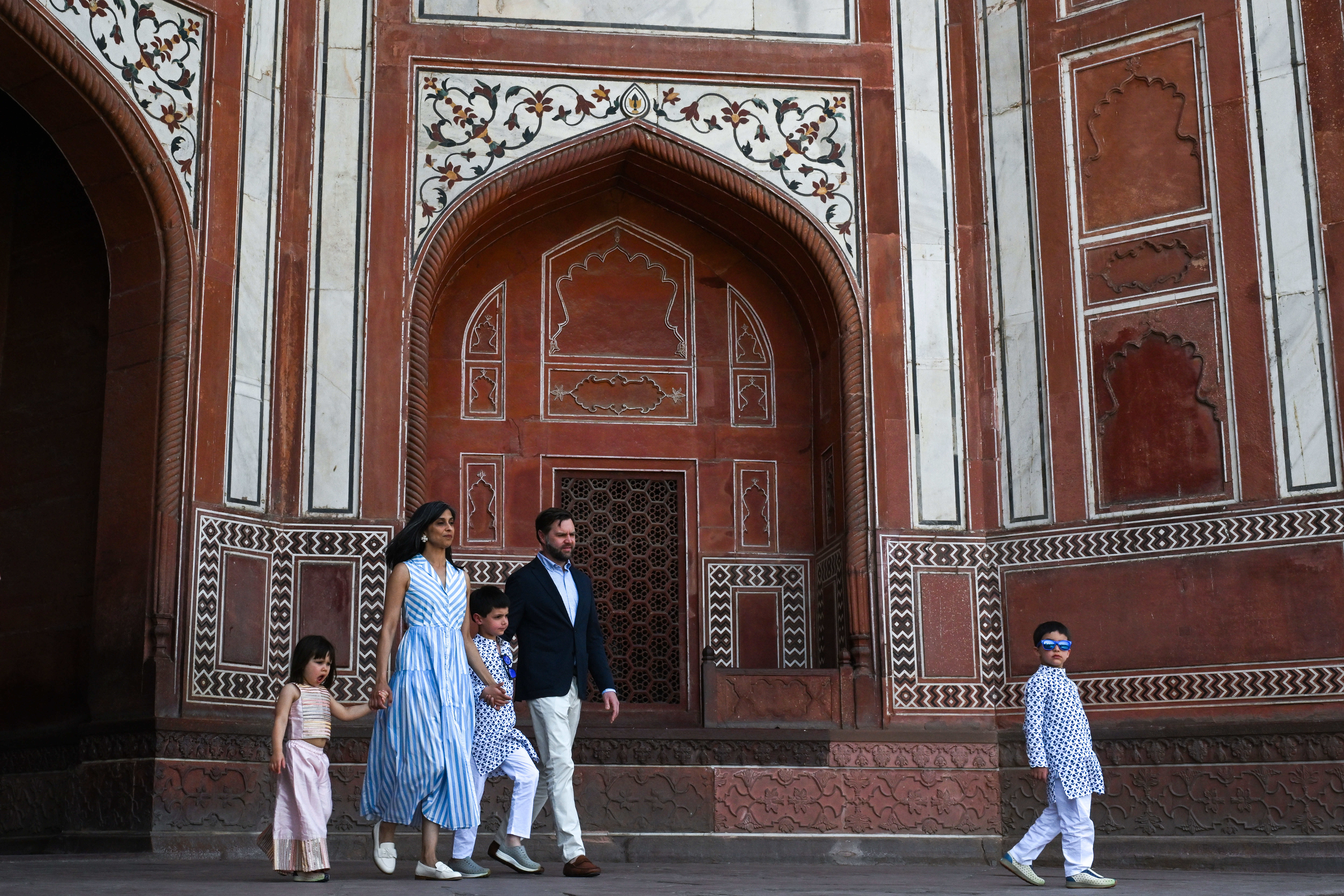 U.S. Vice President JD Vance and his family, including wife Usha Vance, visit the Taj Mahal on Wednesday, April 23, 2025, in Agra, India. (Kenny Holston/The New York Times via AP, Pool)