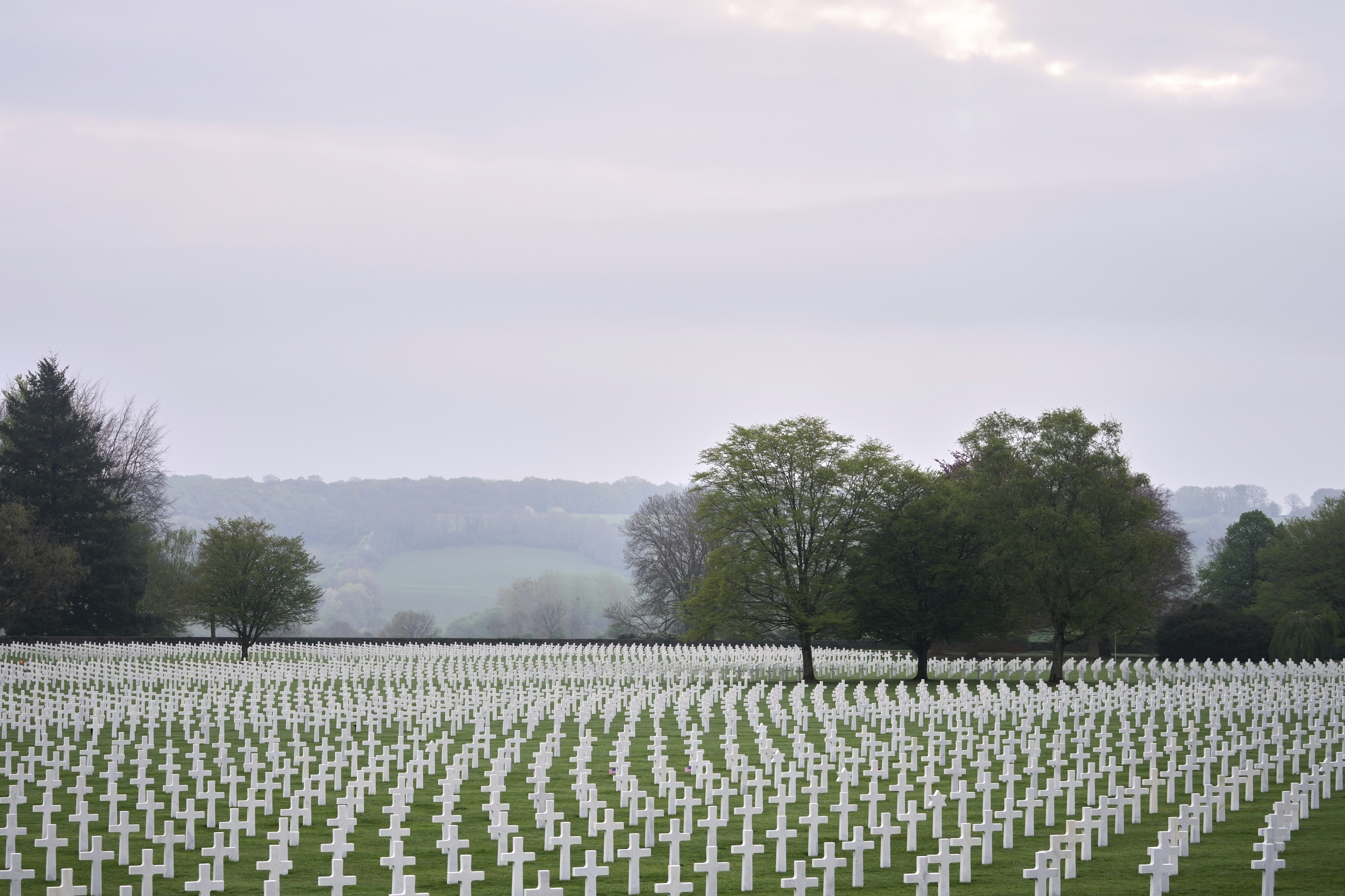 Gravestones of American WWII soldiers at the Henri-Chapelle American Cemetery in Henri Chapelle, Belgium, April 22, 2025. (AP Photo/Virginia Mayo)