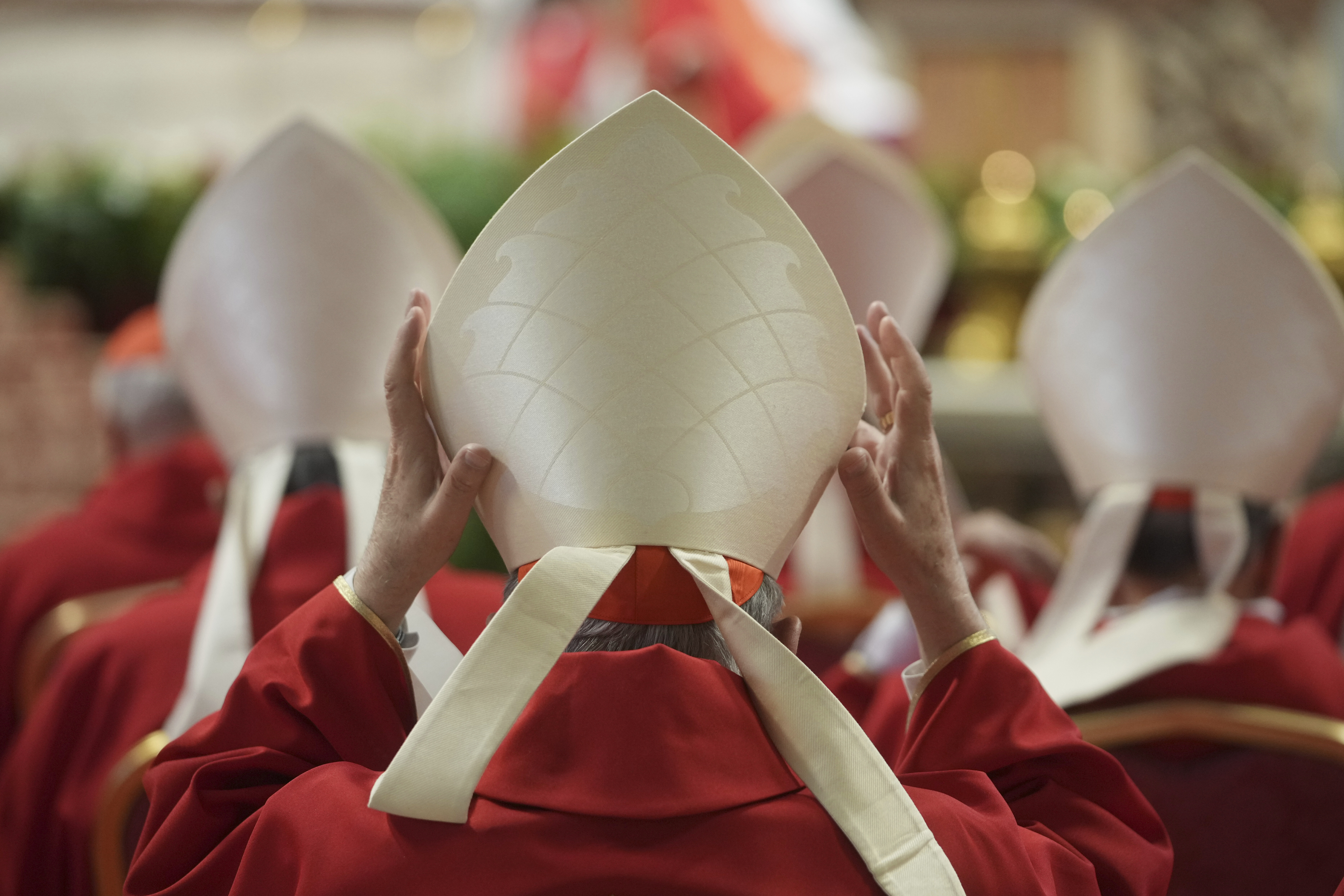 Cardinals attend a mass on the fifth of nine days of mourning for late Pope Francis, in St. Peter's Basilica at the Vatican, Wednesday, April 30, 2025. (AP Photo/Alessandra Tarantino)