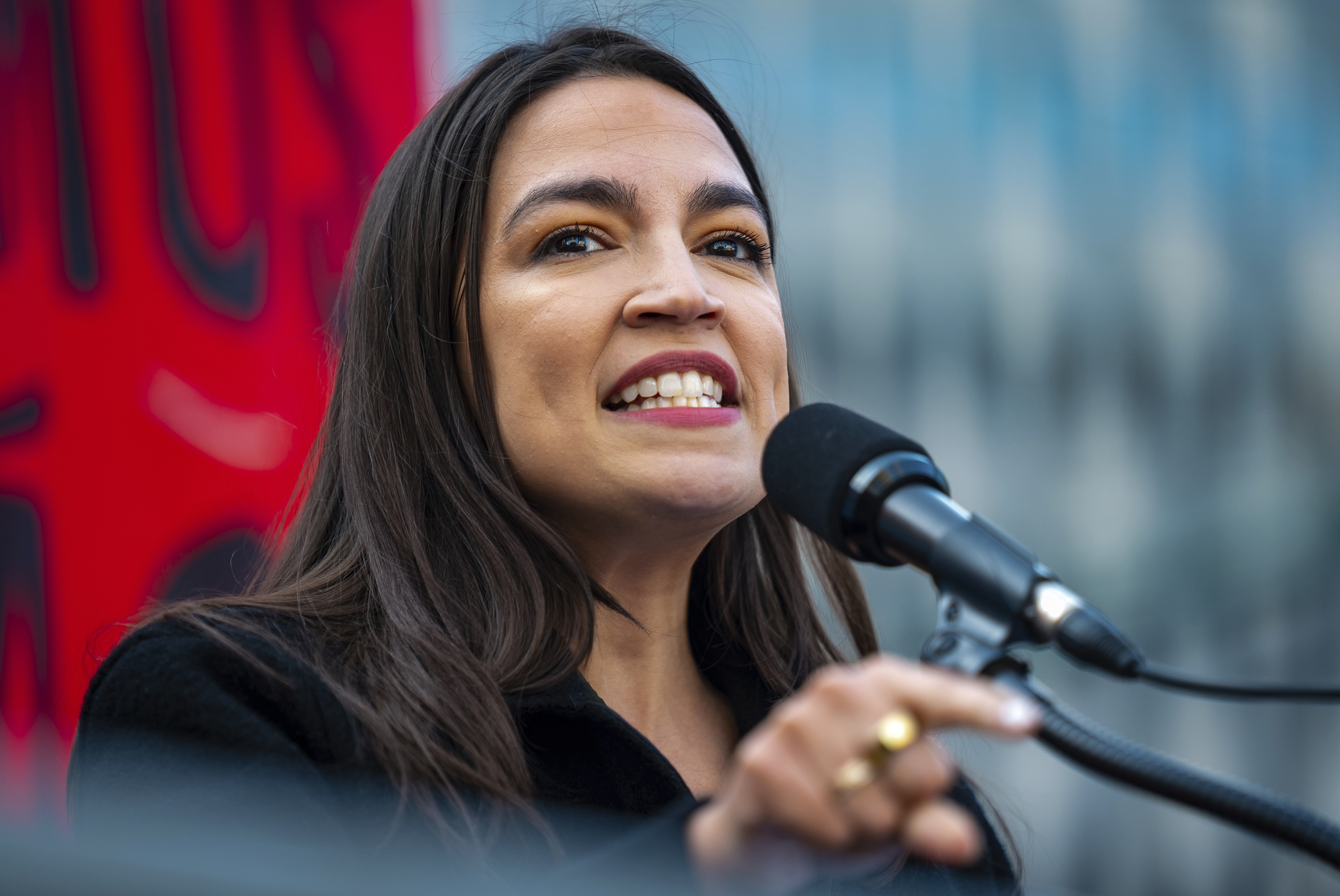 Rep. Alexandria Ocasio-Cortez (D-N.Y.) speaks at the NYCLU's May Day rally for worker's and immigrants rights at Foley Square, Thursday, May 1, 2025, in New York. (AP Photo/Angelina Katsanis)
