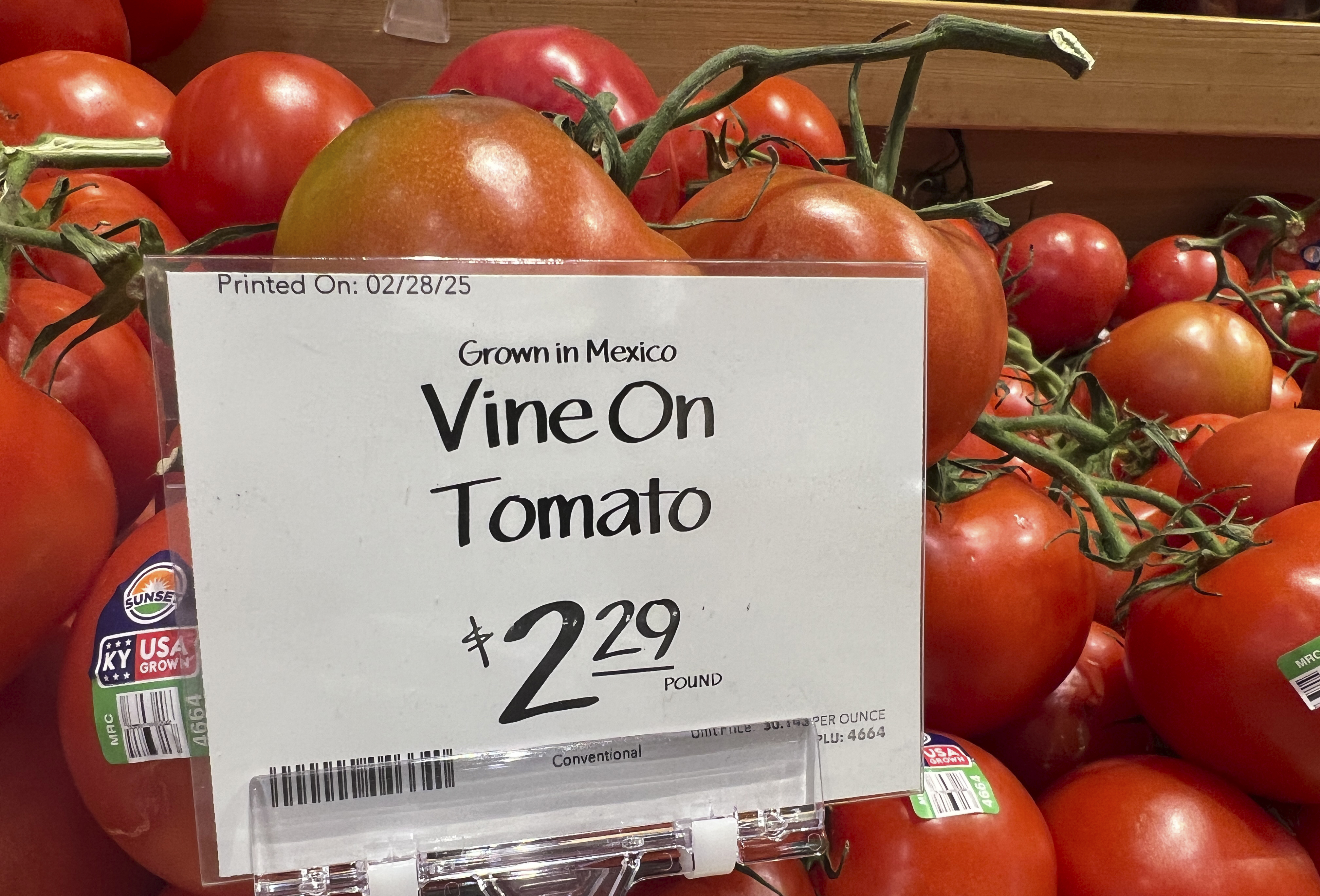 FILE - Tomatoes imported from Mexico are for sale in a supermarket in Miami as the United States imposed 25% tariffs on goods from Canada and Mexico, starting a trade war with its closest neighbors and allies Wednesday, Mar. 5, 2025. (AP Photo/Lynne Sladky, File)