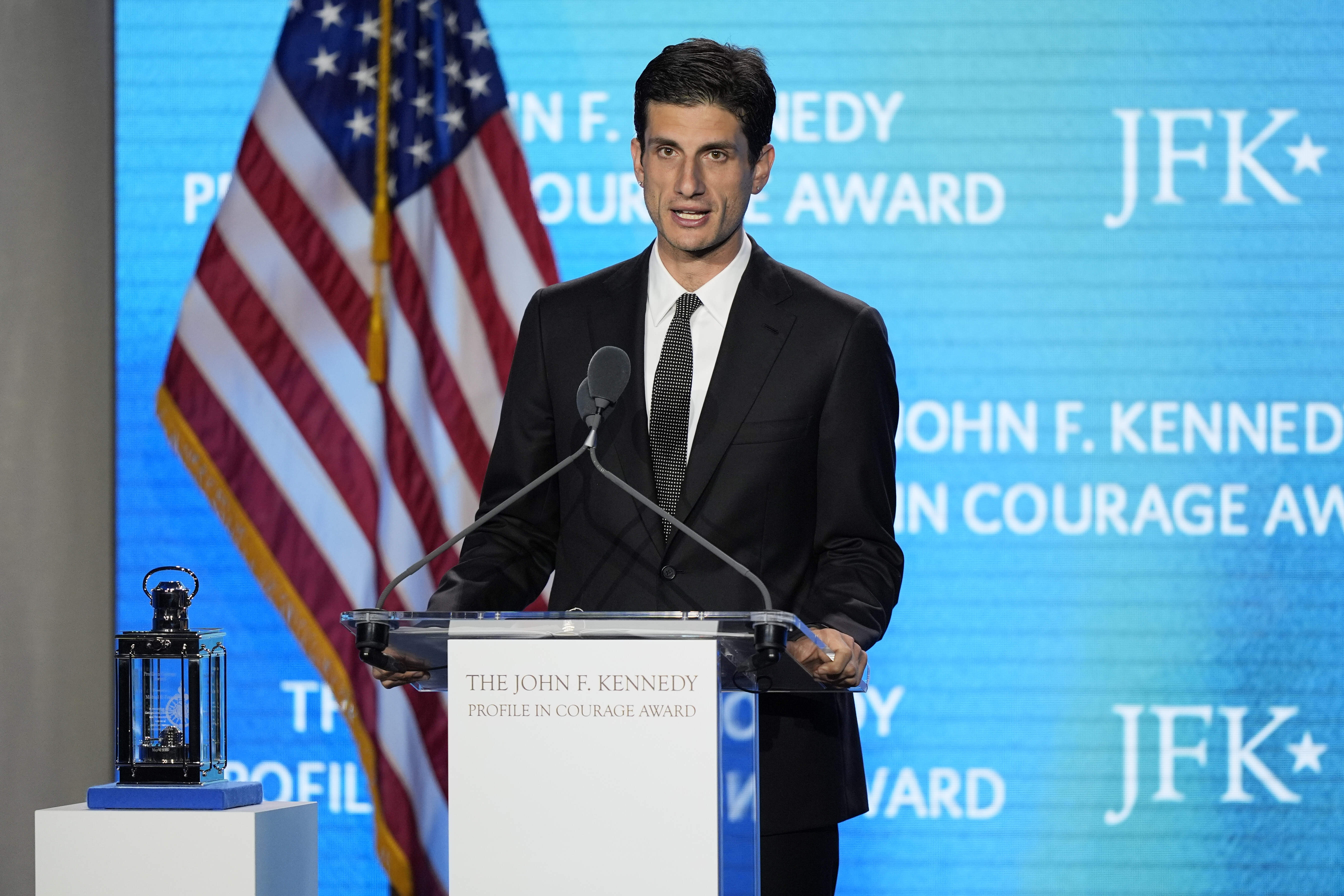 Jack Schlossberg speaks at the John F. Kennedy Profile in Courage Award ceremony at the JFK Library, Sunday, May 4, 2025, in Boston. (AP Photo/Robert F. Bukaty)