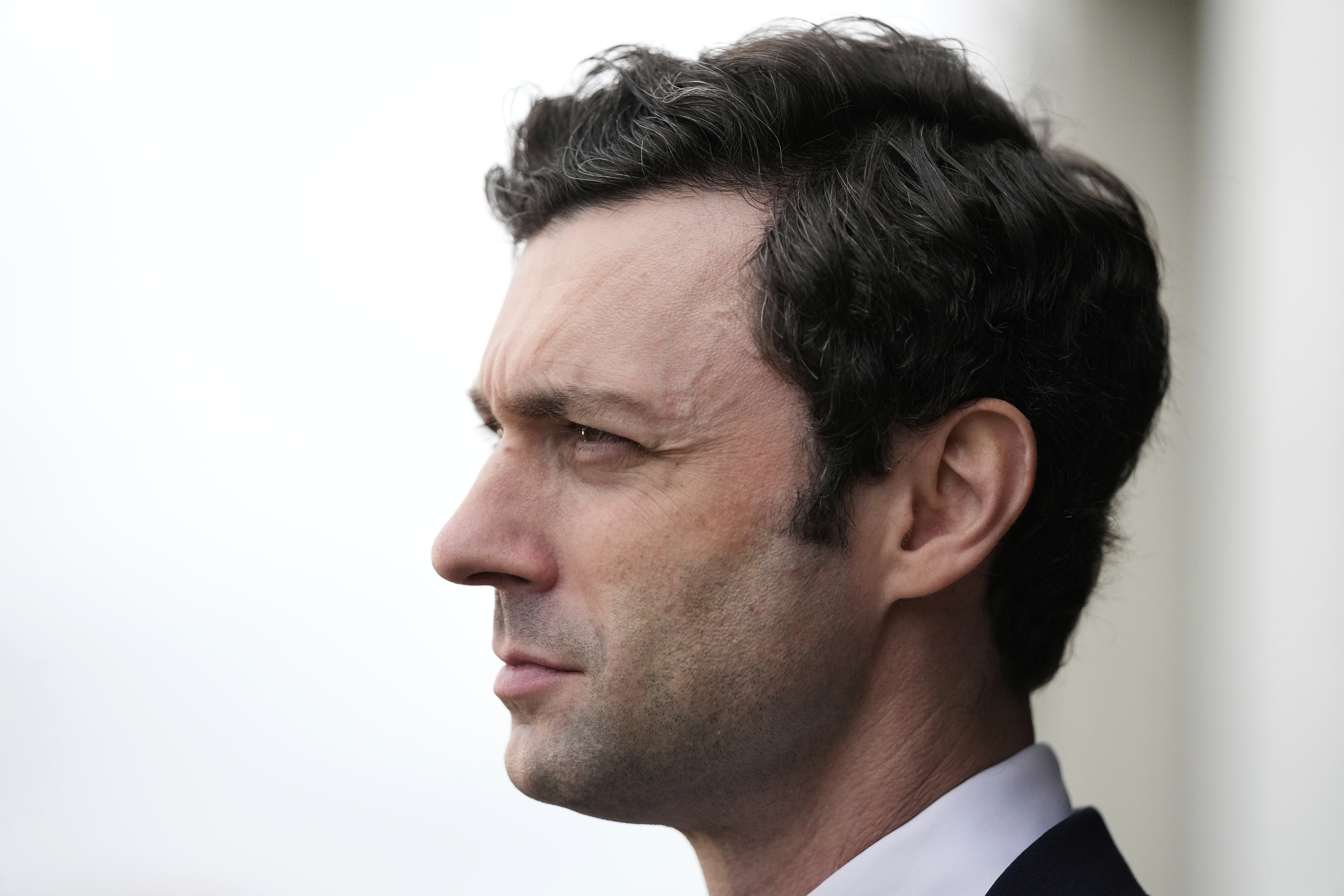 Sen. Jon Ossoff, D-Ga., speaks during an interview at Dobbins Air Reserve Base, Saturday, April 26, 2025, in Marietta, Ga. (AP Photo/Brynn Anderson)