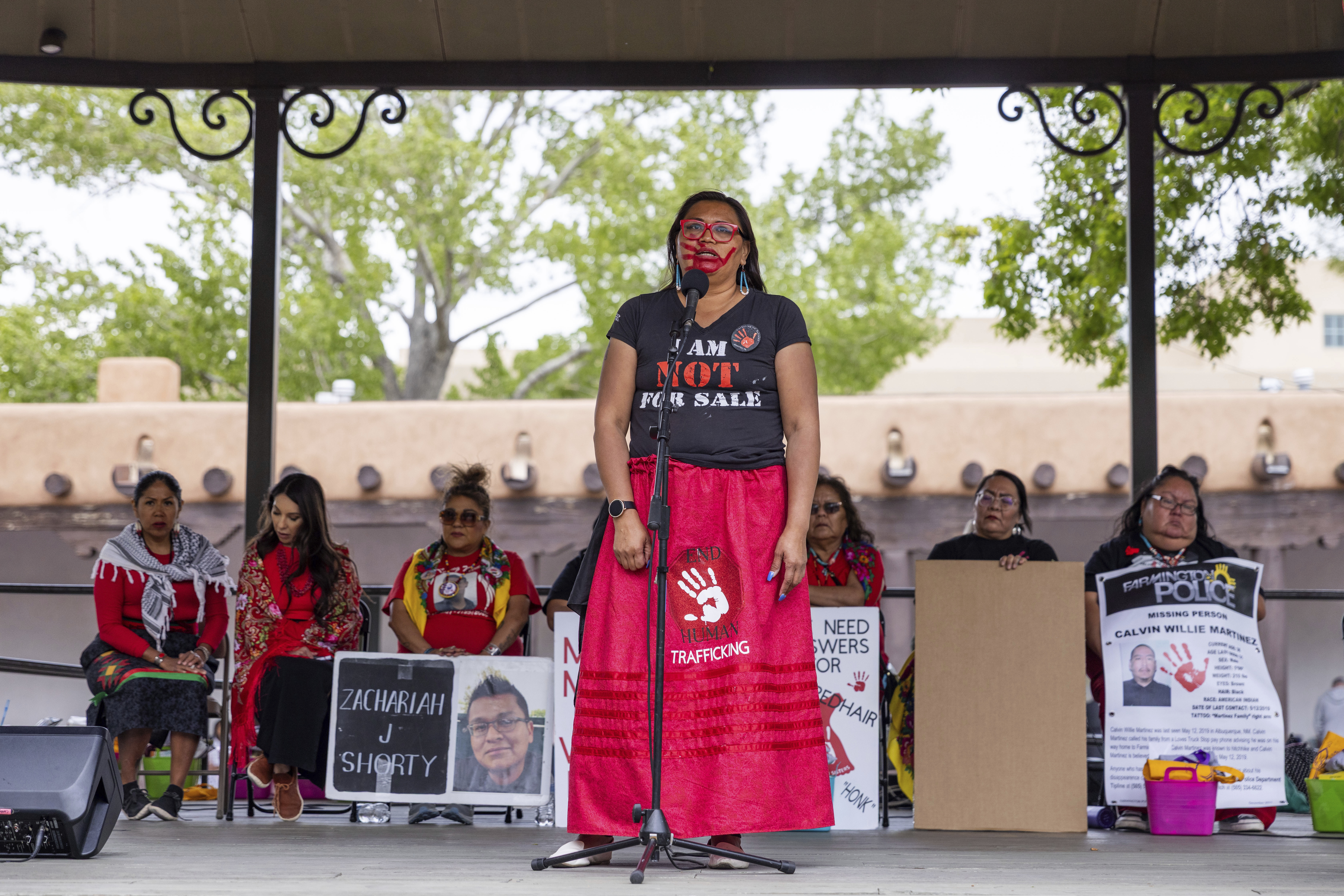Kimberly Wahpepah, a member of the Navajo Nation who survived sex trafficking and became an advocate for other victims, speaks at a rally in Santa Fe, N.M., Sunday, May 4, 2025. (Nilaya Sabnis via AP)
